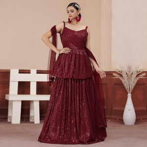 Maroon Sequence Embroidered Art Silk Lehenga Choli - Peachmode