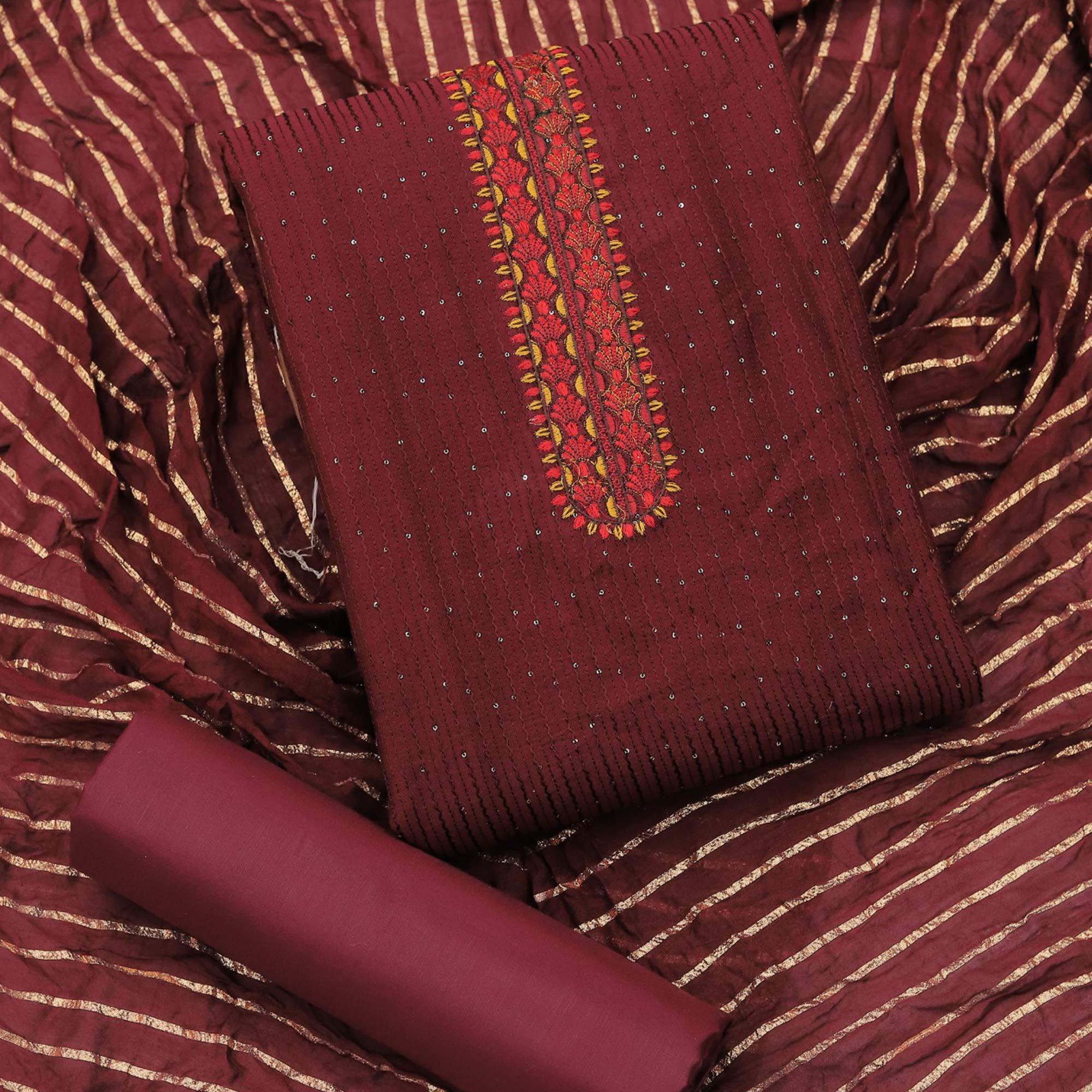 Maroon Sequence Embroidered Chanderi Dress Material - Peachmode