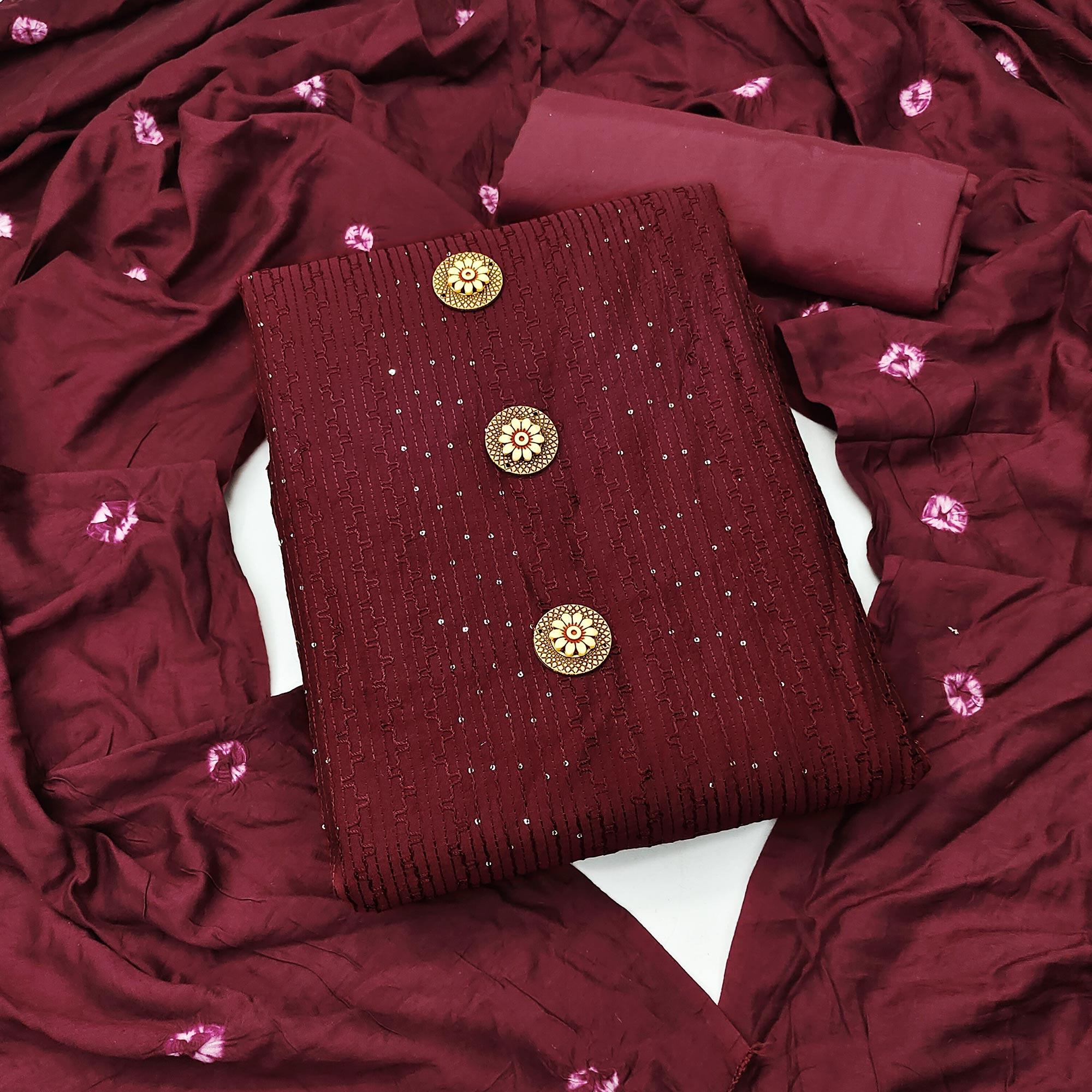 Maroon Sequence Embroidered Chanderi Dress Material - Peachmode