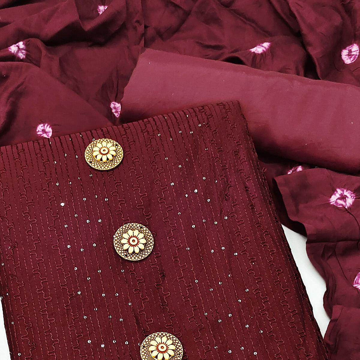 Maroon Sequence Embroidered Chanderi Dress Material - Peachmode