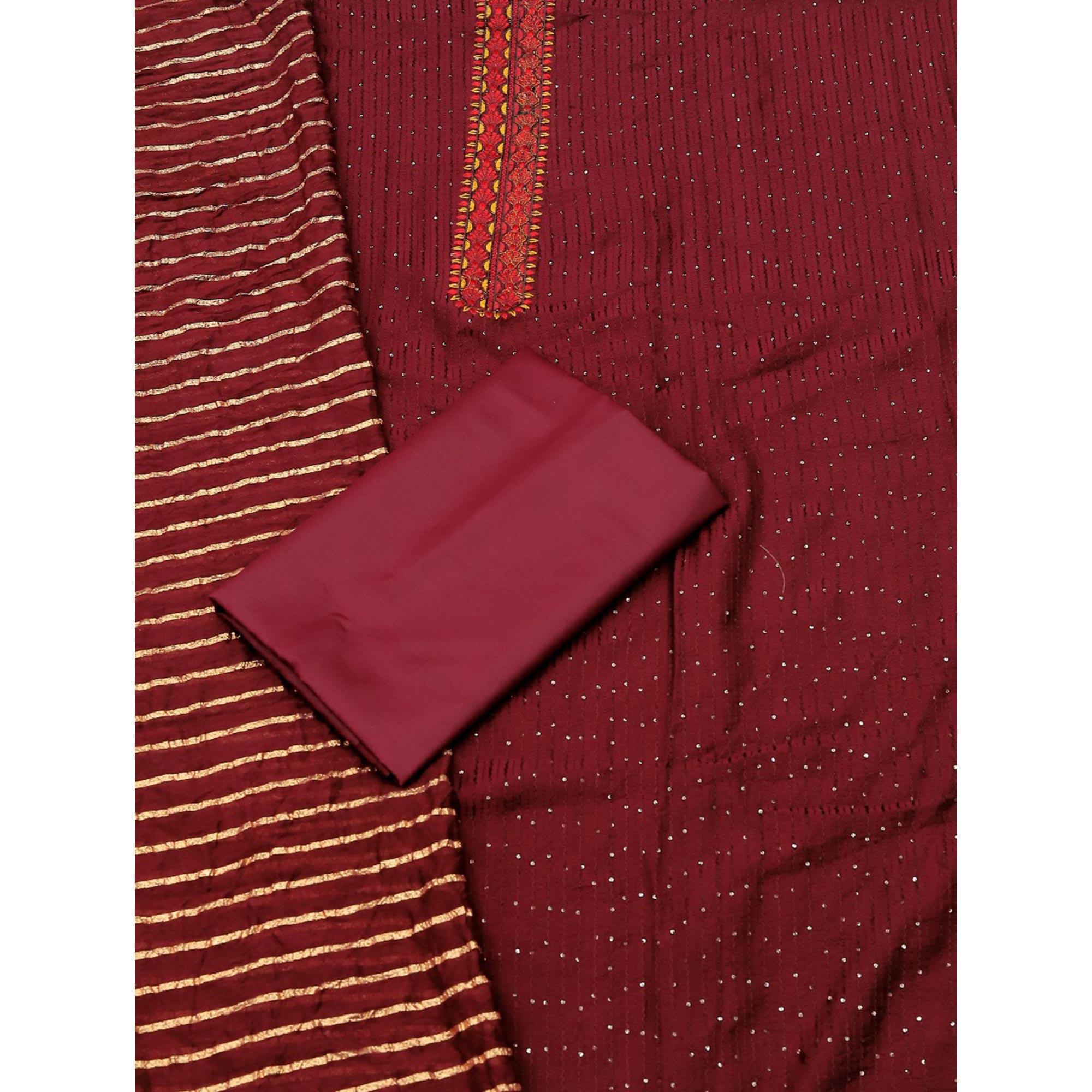 Maroon Sequence Embroidered Chanderi Dress Material - Peachmode