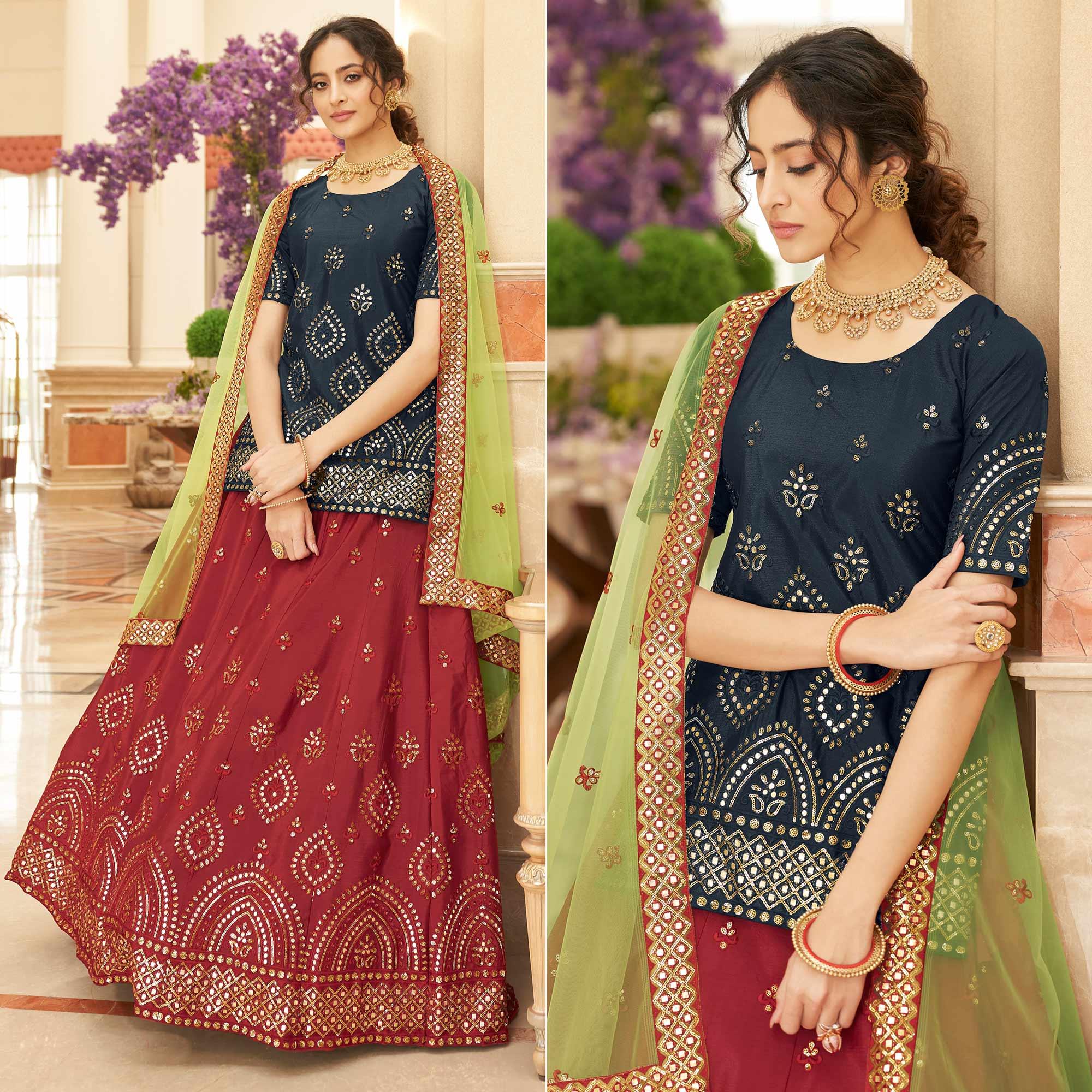 Maroon Sequence Embroidered Chiffon Lehenga Choli - Peachmode