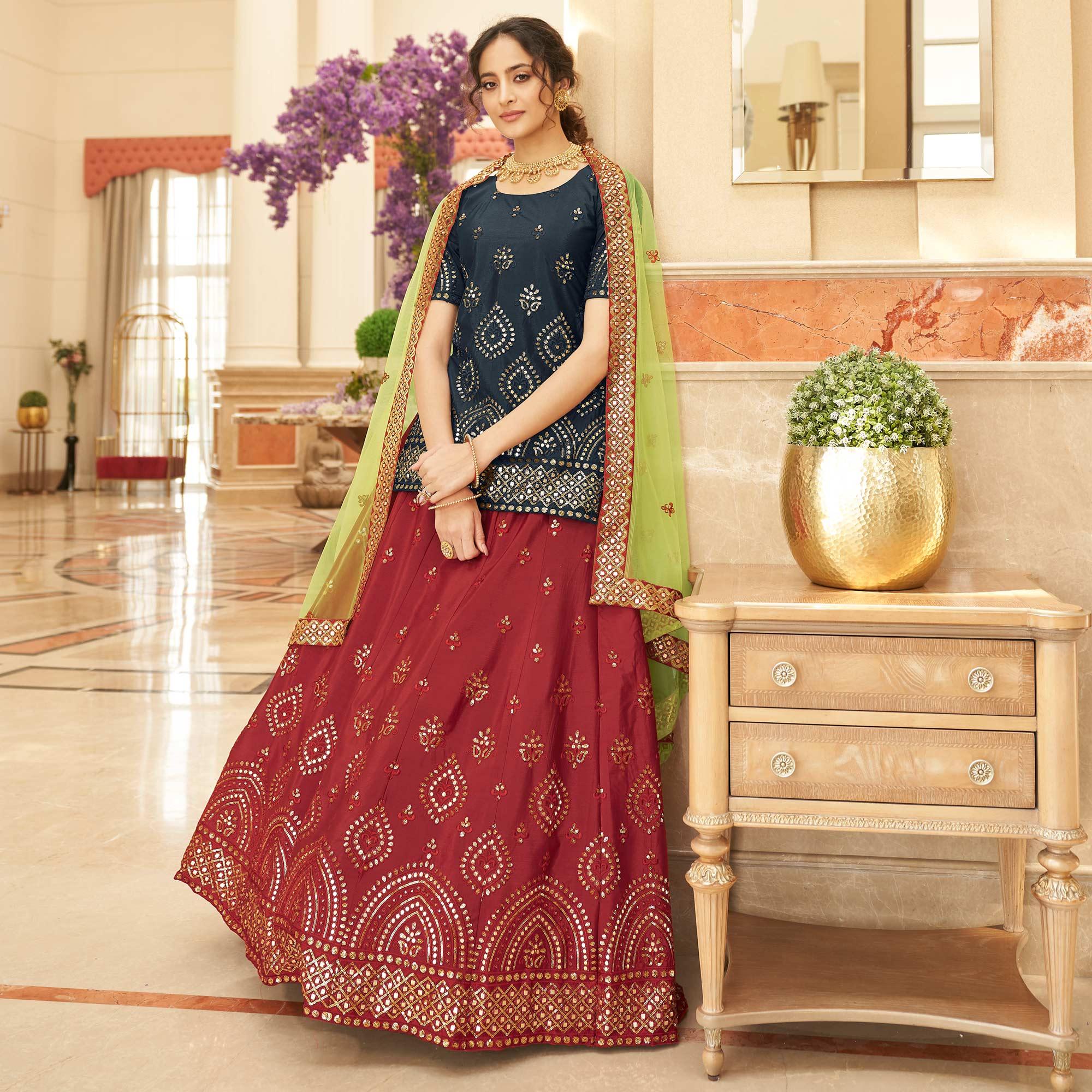 Maroon Sequence Embroidered Chiffon Lehenga Choli - Peachmode