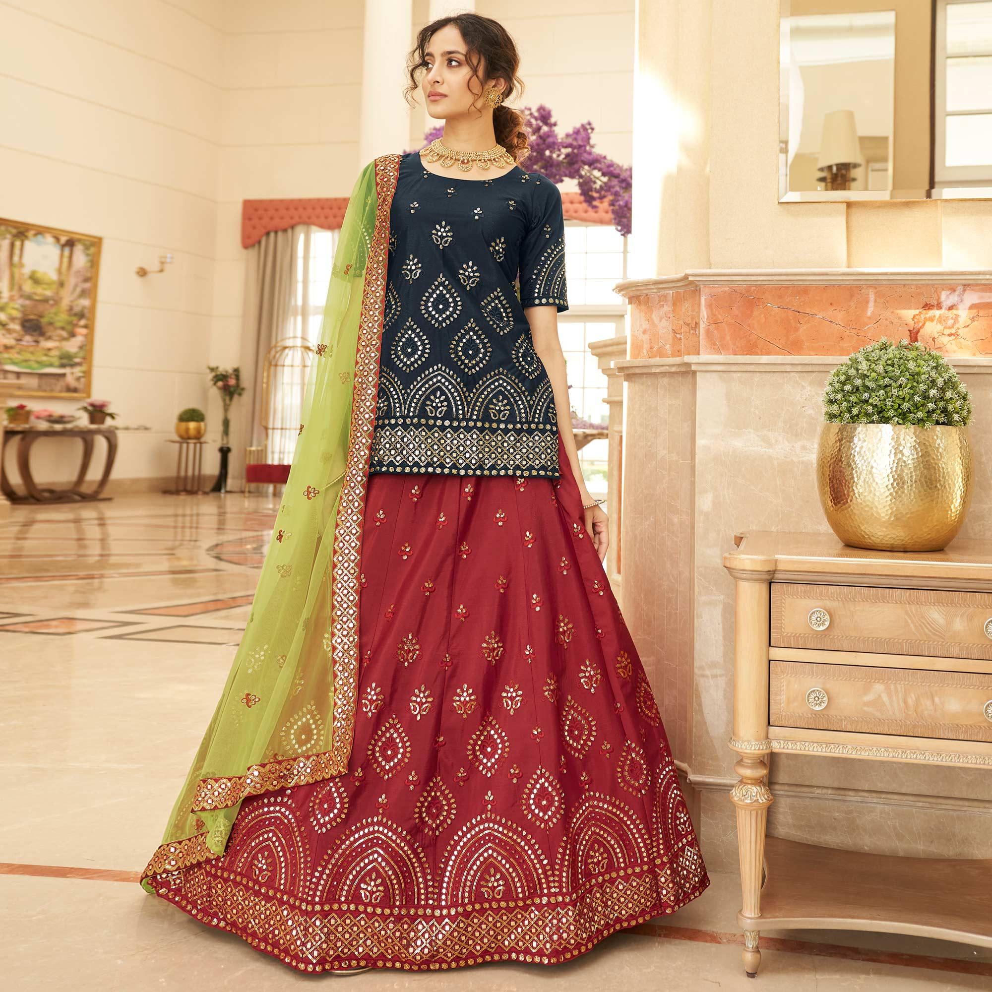 Maroon Sequence Embroidered Chiffon Lehenga Choli - Peachmode