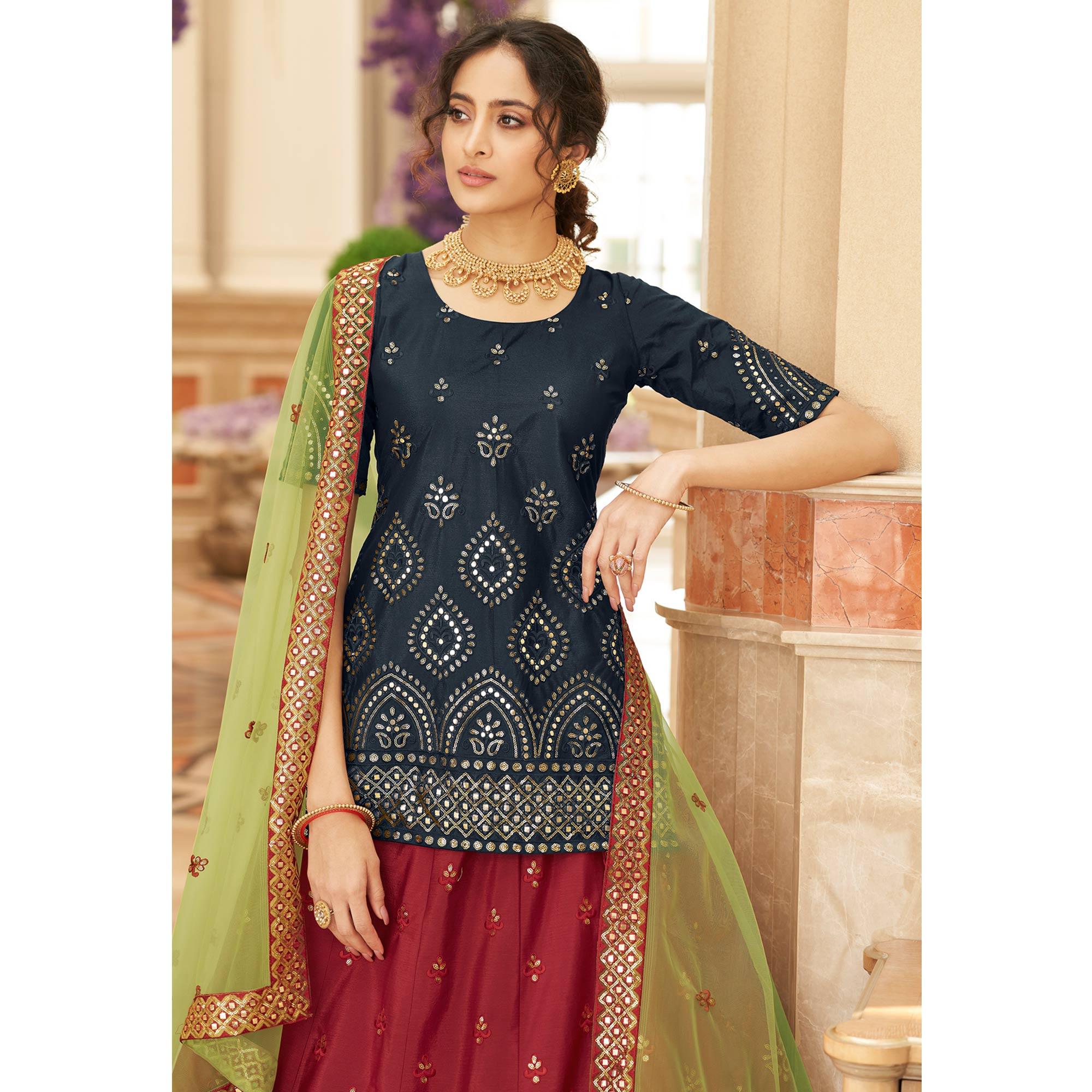 Maroon Sequence Embroidered Chiffon Lehenga Choli - Peachmode