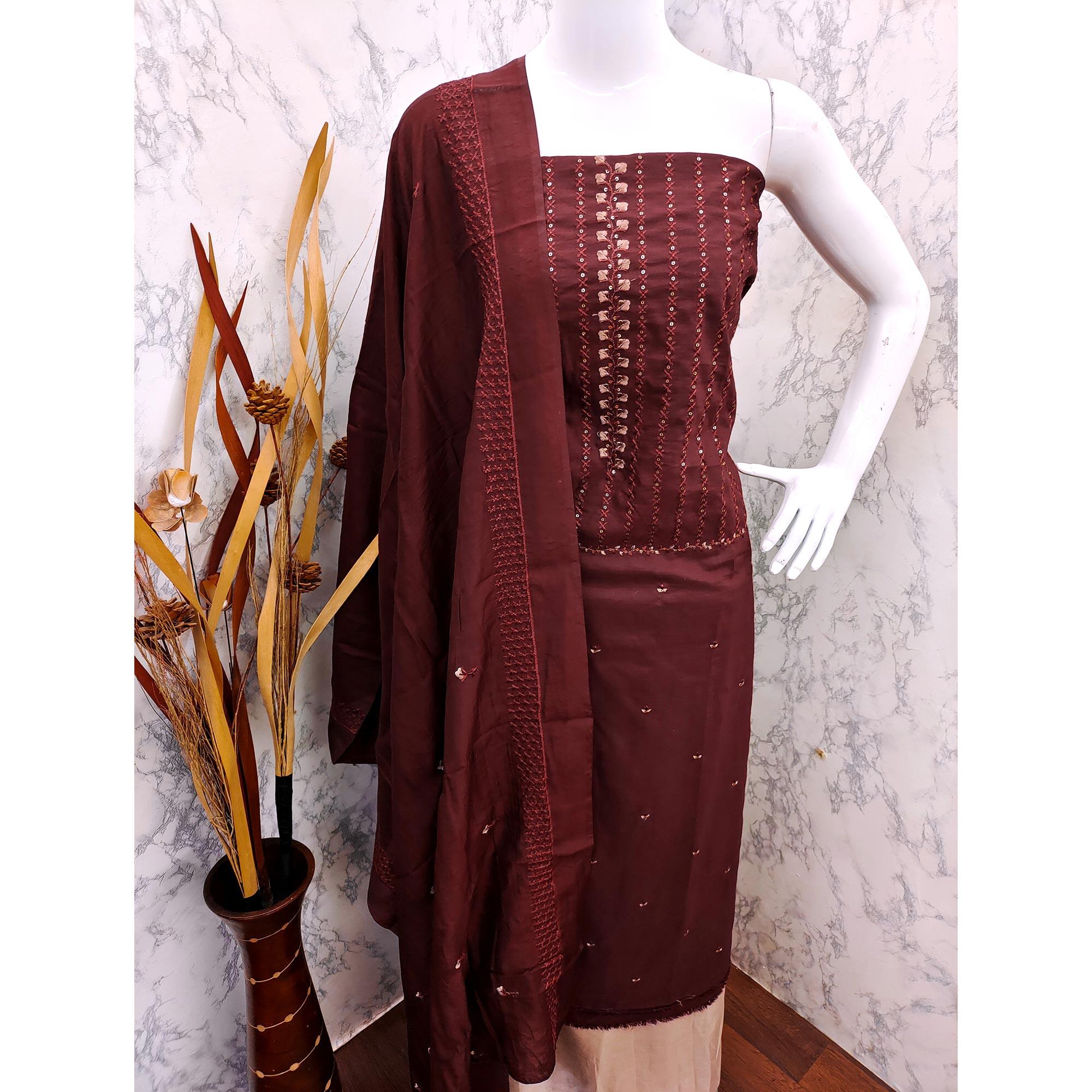 Maroon Sequence Embroidered Cotton Silk Dress Material - Peachmode