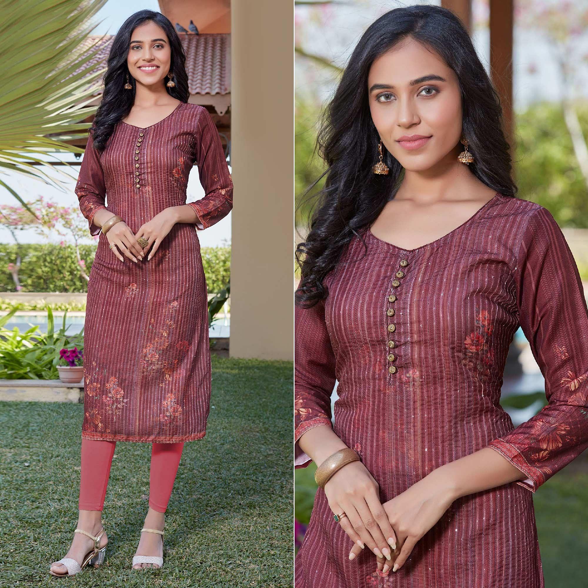 Maroon Sequence Embroidered Cotton Silk Kurti - Peachmode
