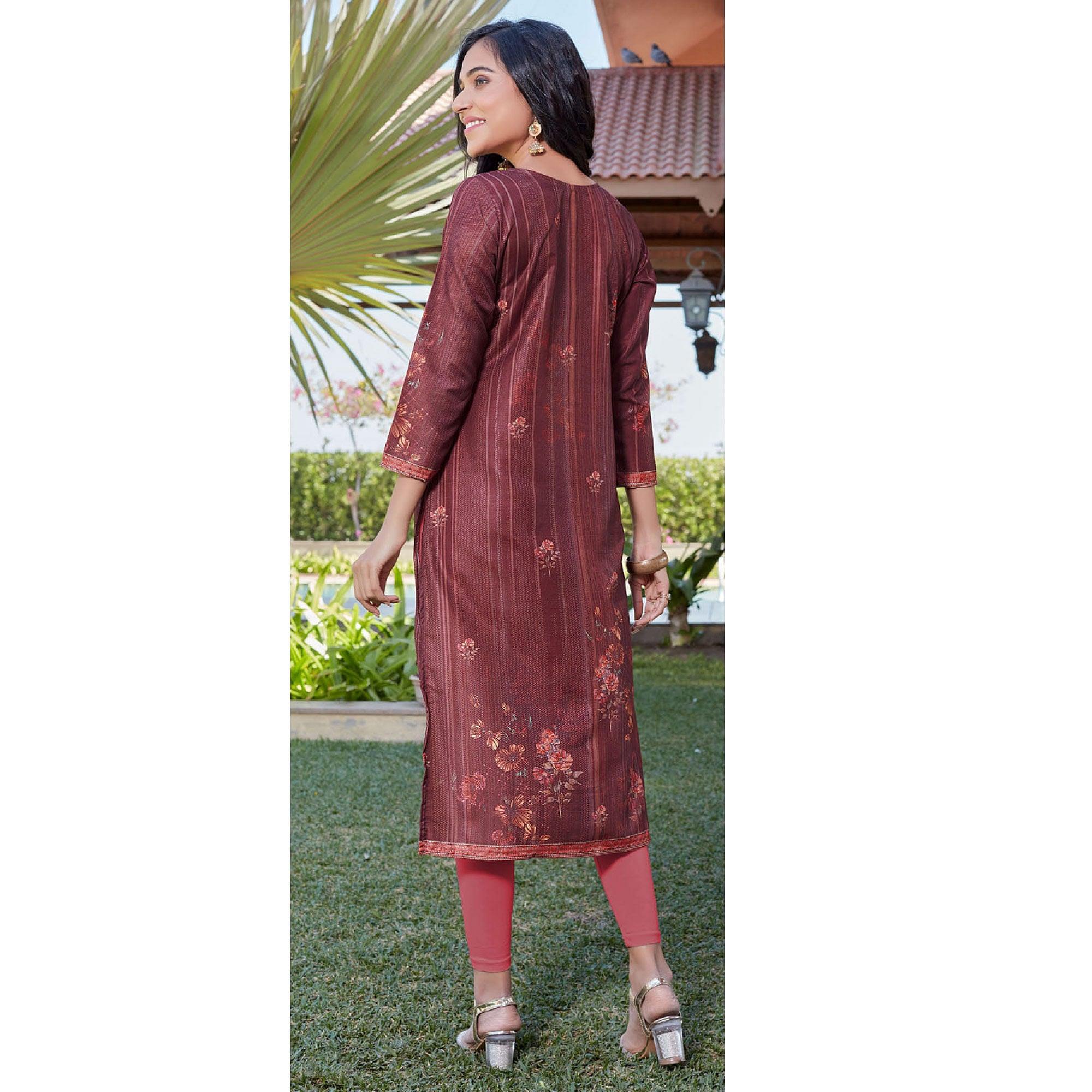 Maroon Sequence Embroidered Cotton Silk Kurti - Peachmode