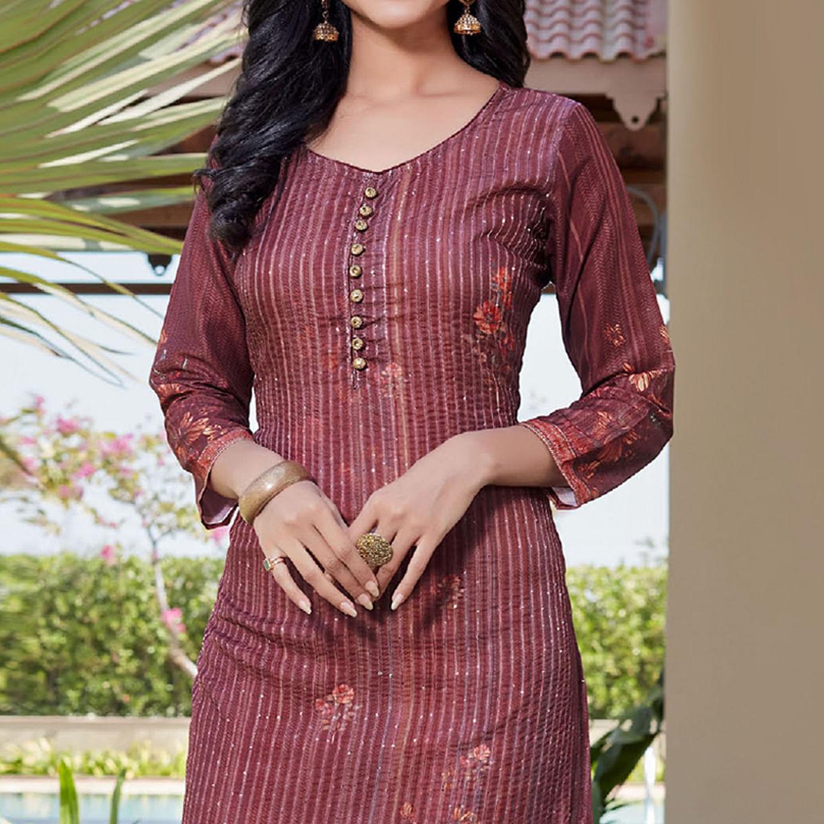 Maroon Sequence Embroidered Cotton Silk Kurti - Peachmode