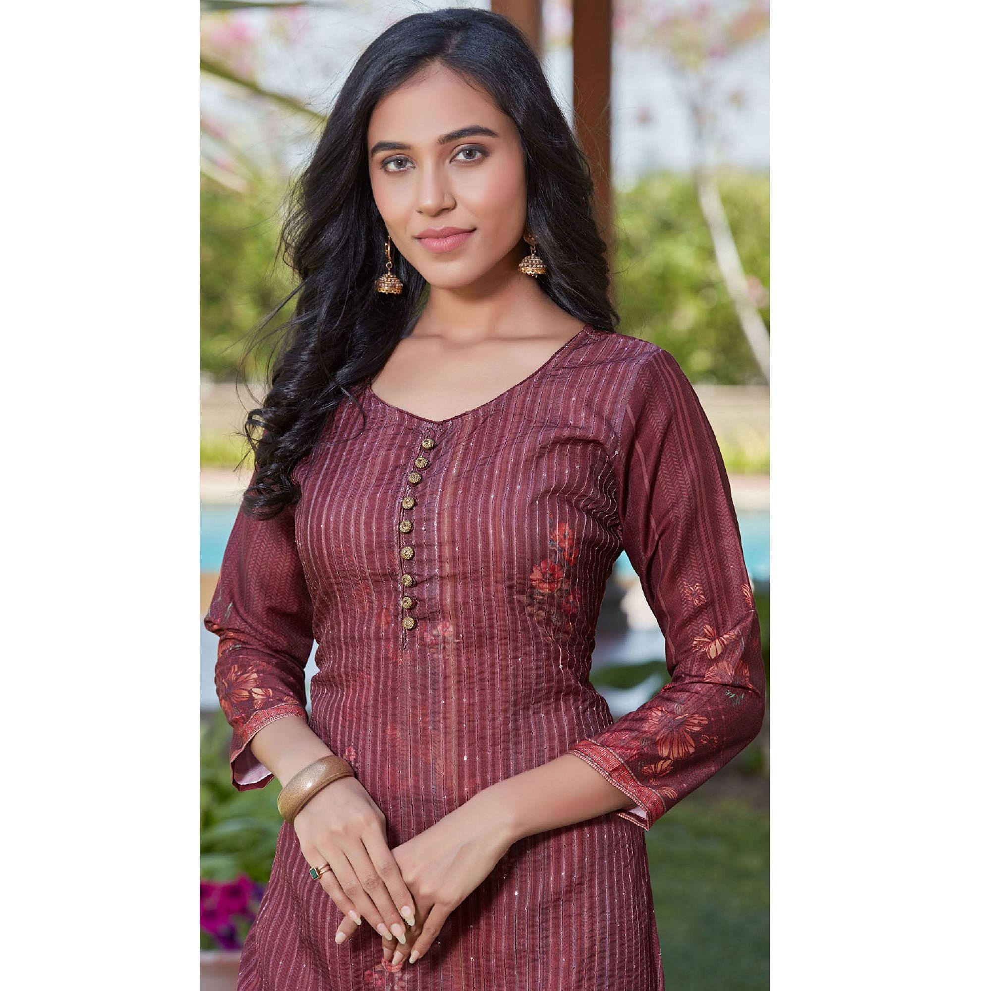 Maroon Sequence Embroidered Cotton Silk Kurti - Peachmode
