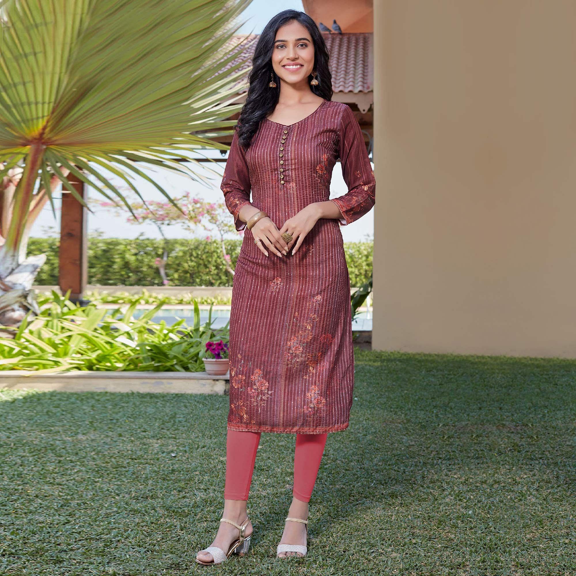 Maroon Sequence Embroidered Cotton Silk Kurti - Peachmode