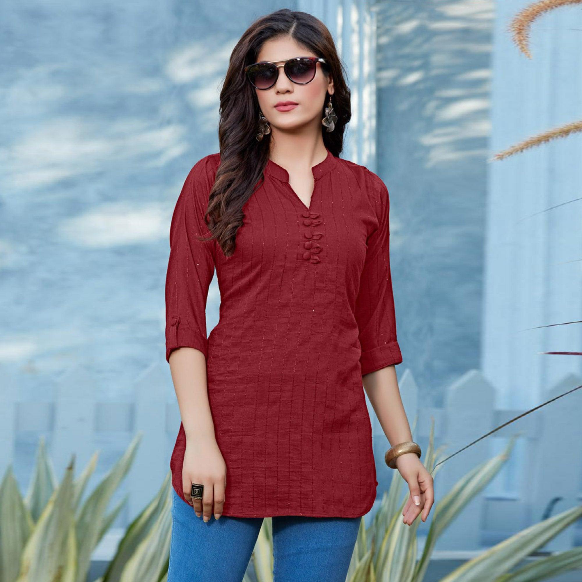 Maroon Sequence Embroidered Cotton Silk Top - Peachmode