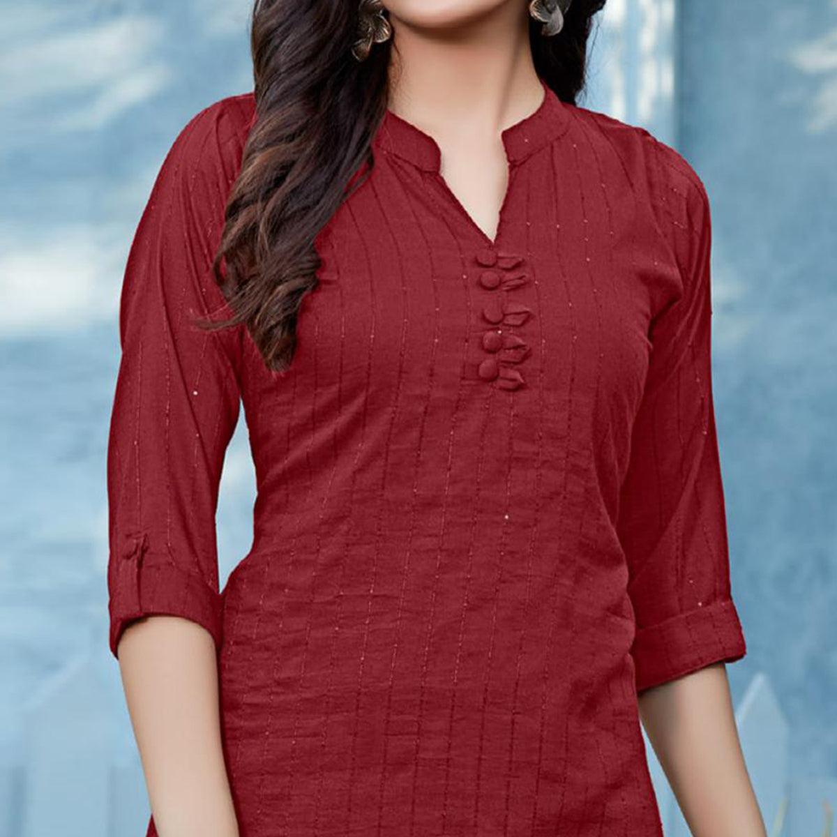 Maroon Sequence Embroidered Cotton Silk Top - Peachmode