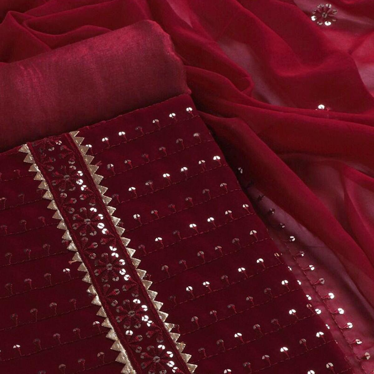 Maroon Sequence Embroidered Georgette Dress Material - Peachmode