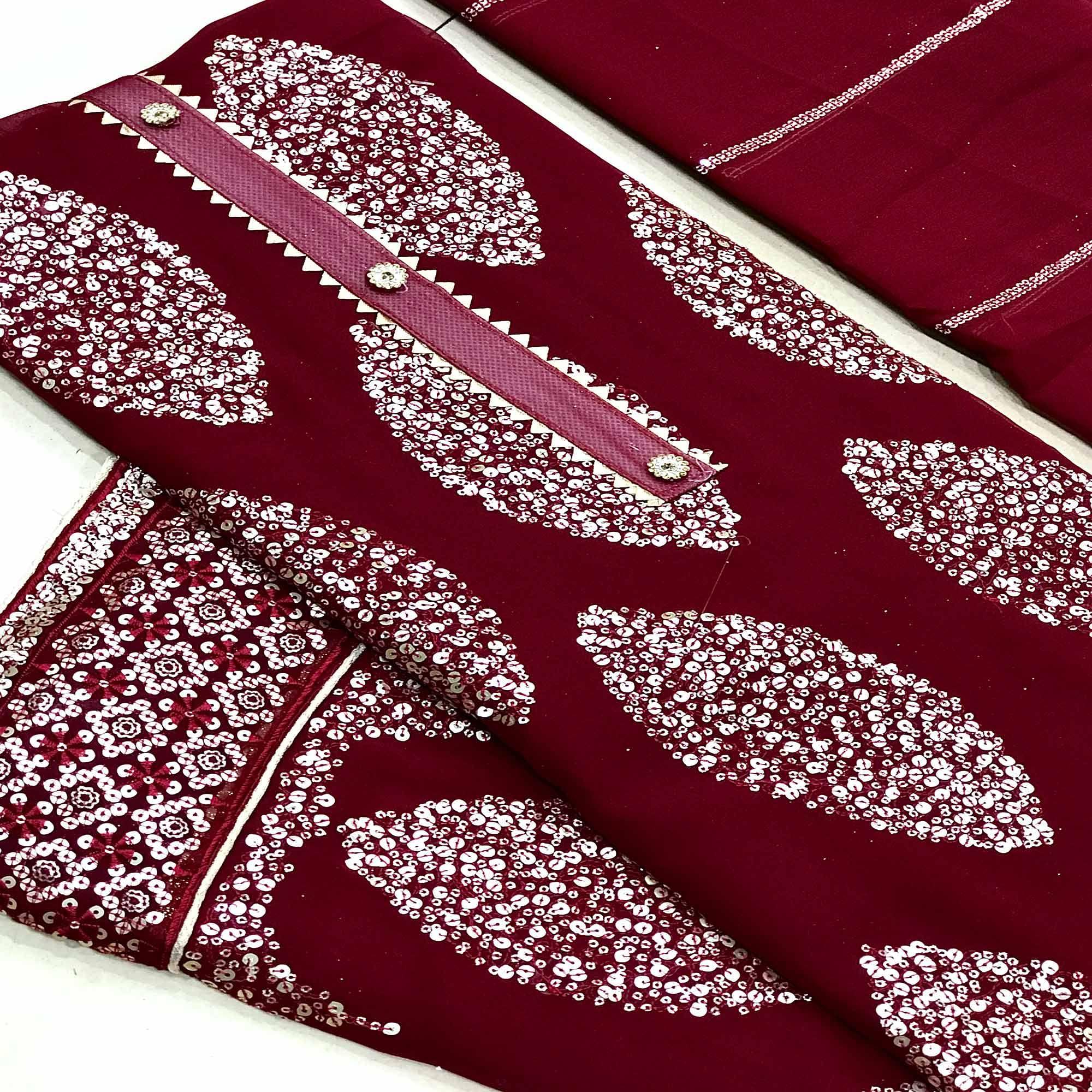 Maroon Sequence Embroidered Georgette Dress Material - Peachmode