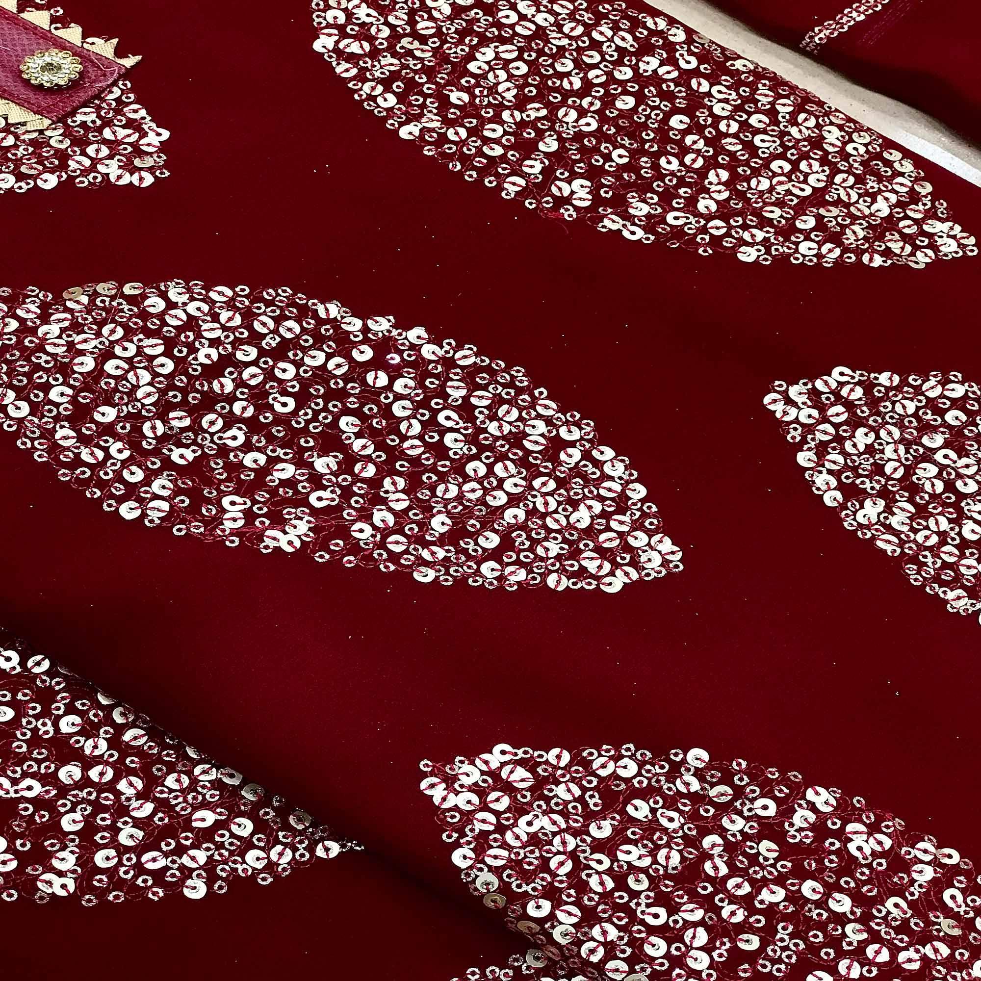 Maroon Sequence Embroidered Georgette Dress Material - Peachmode