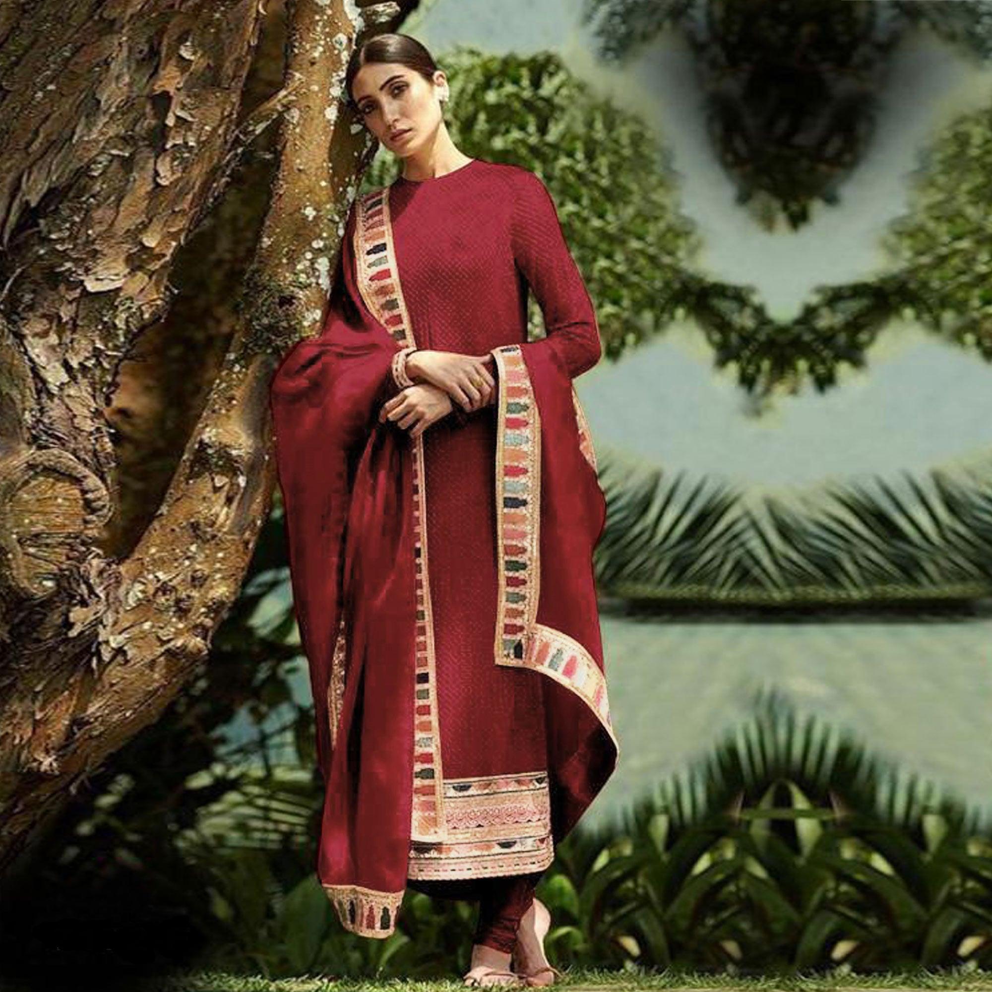 Maroon Sequence Embroidered Georgette Salwar Suit - Peachmode