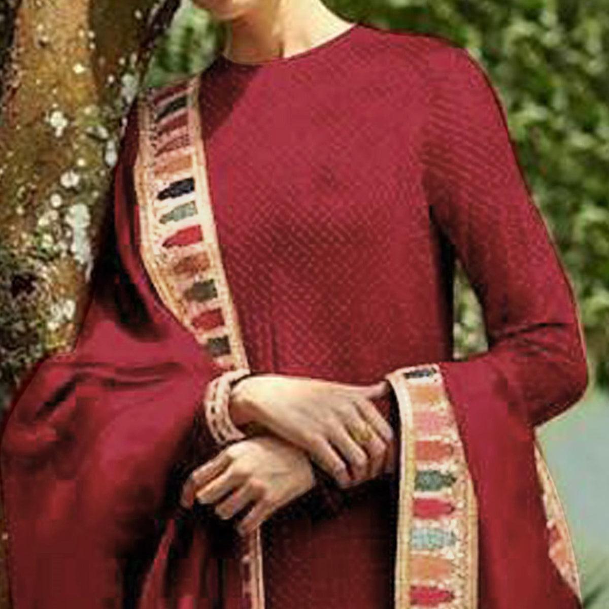 Maroon Sequence Embroidered Georgette Salwar Suit - Peachmode