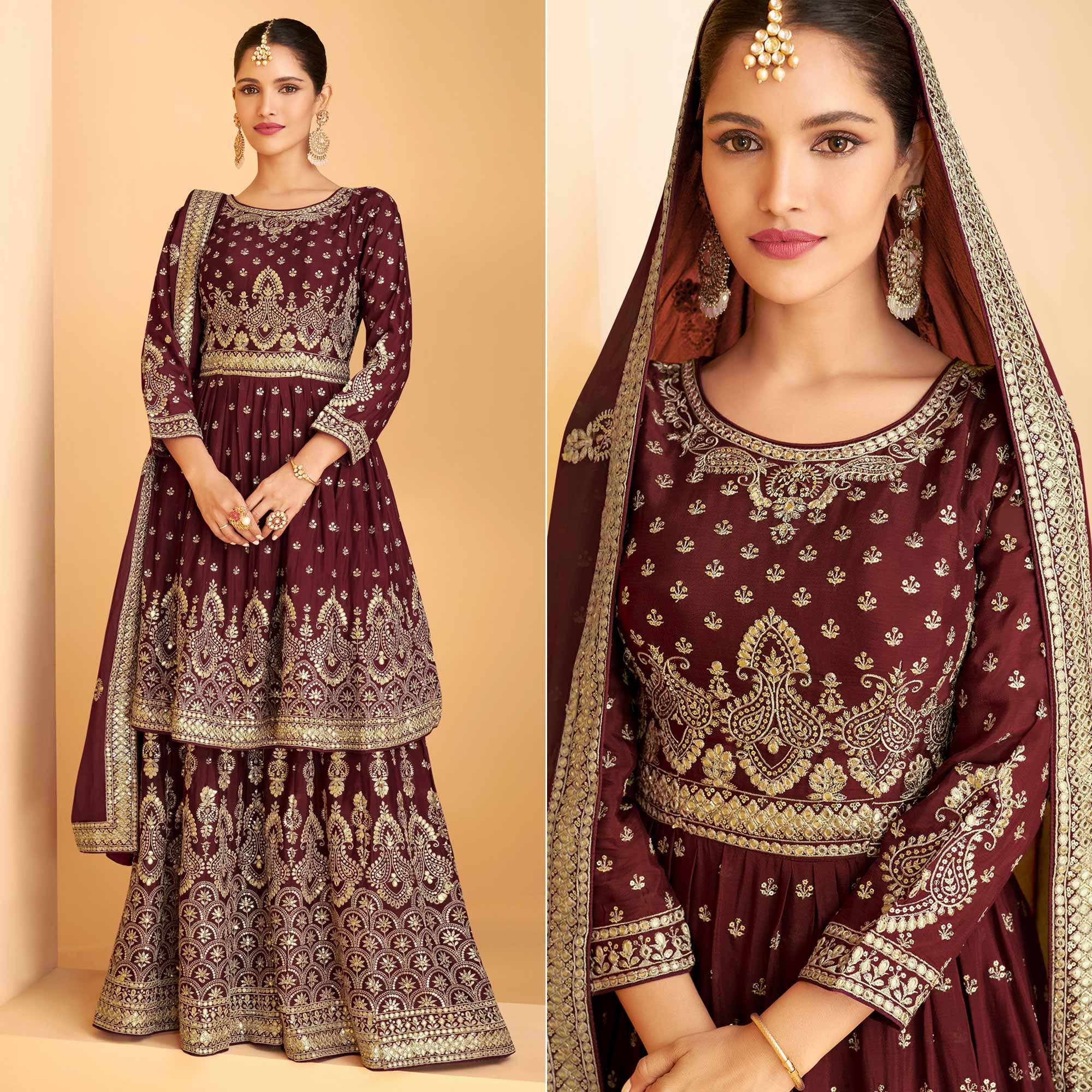 Maroon Sequence Embroidered Georgette Sharara Suit - Peachmode