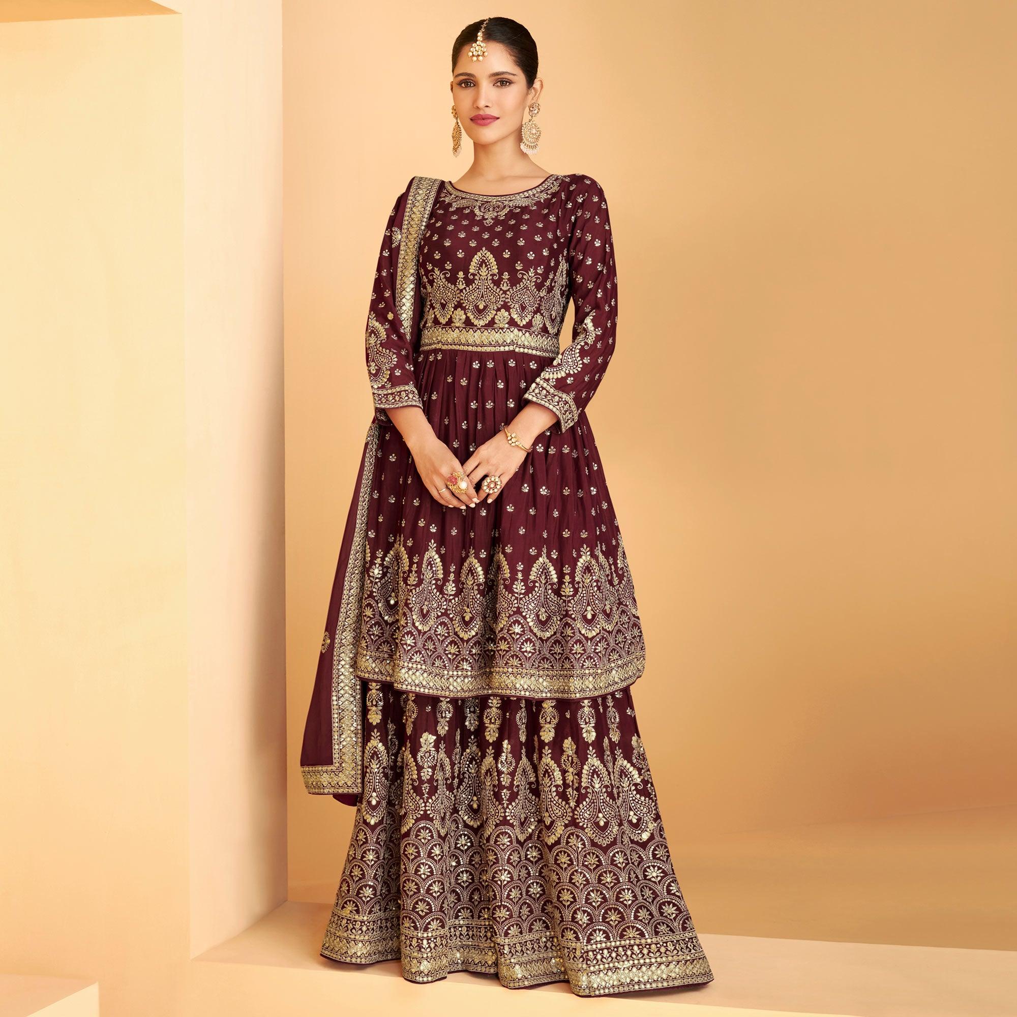 Maroon Sequence Embroidered Georgette Sharara Suit - Peachmode