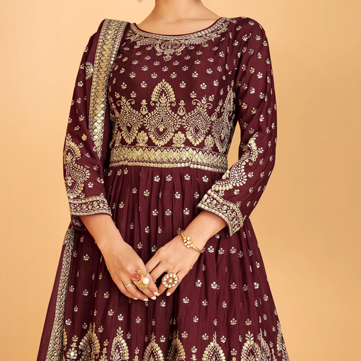 Maroon Sequence Embroidered Georgette Sharara Suit - Peachmode