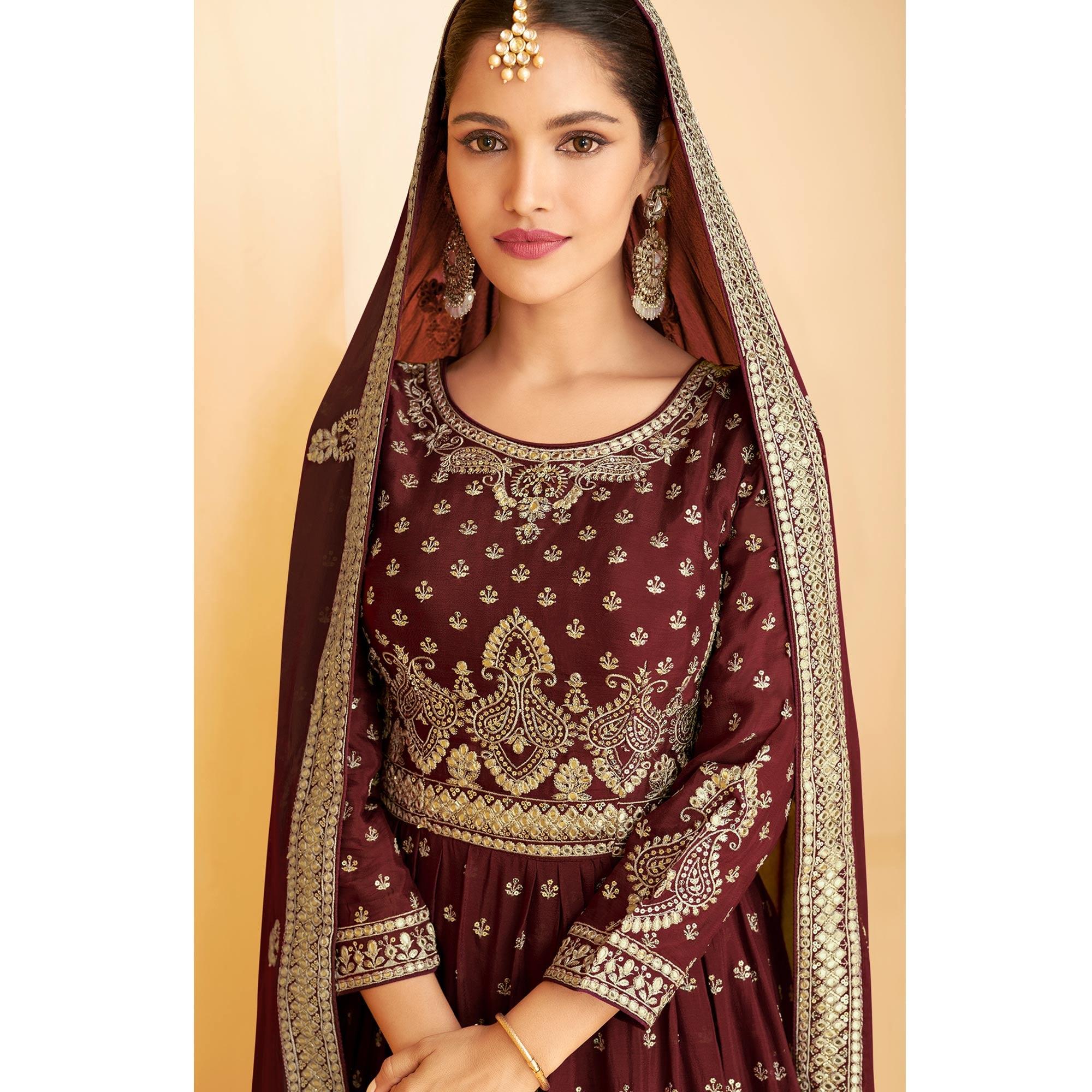 Maroon Sequence Embroidered Georgette Sharara Suit - Peachmode