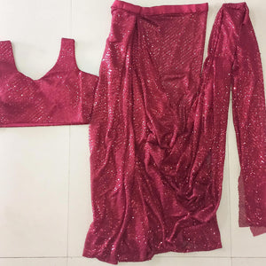 Maroon Sequence Embroidered Netted Stitched Saree - Peachmode
