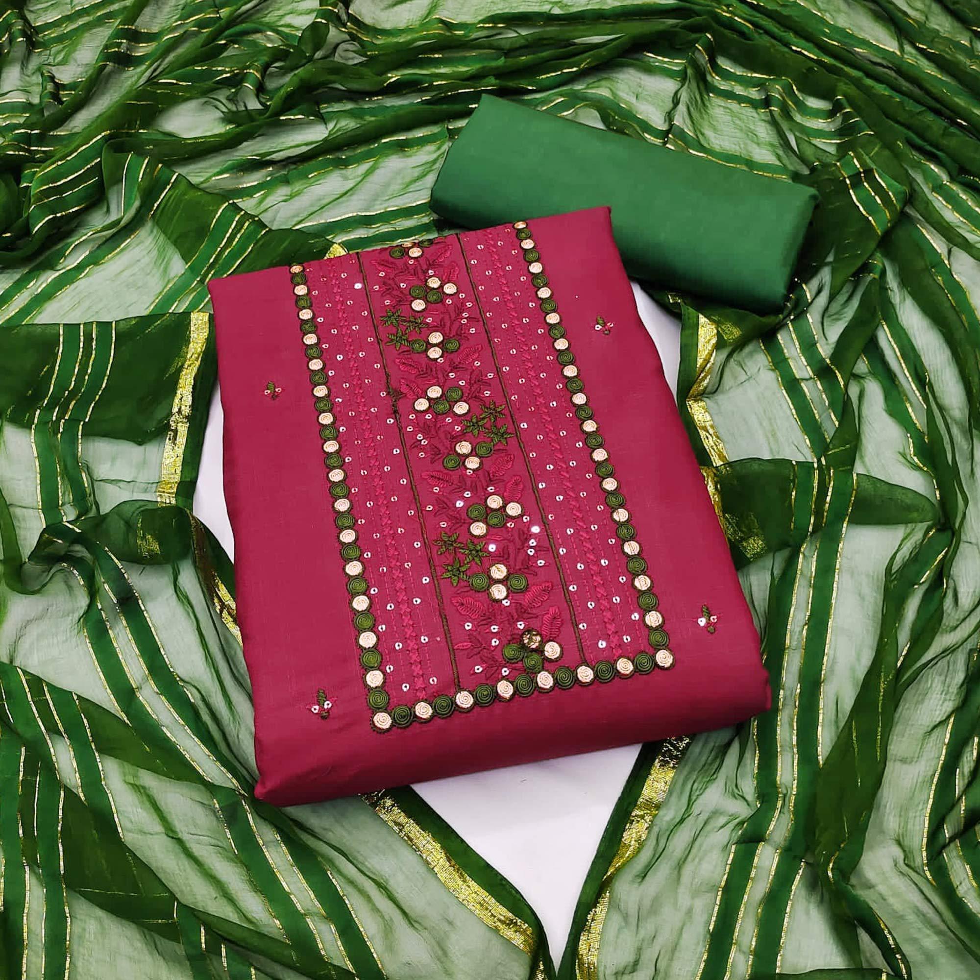 Maroon Sequence Embroidered Poly Cotton Dress Material - Peachmode