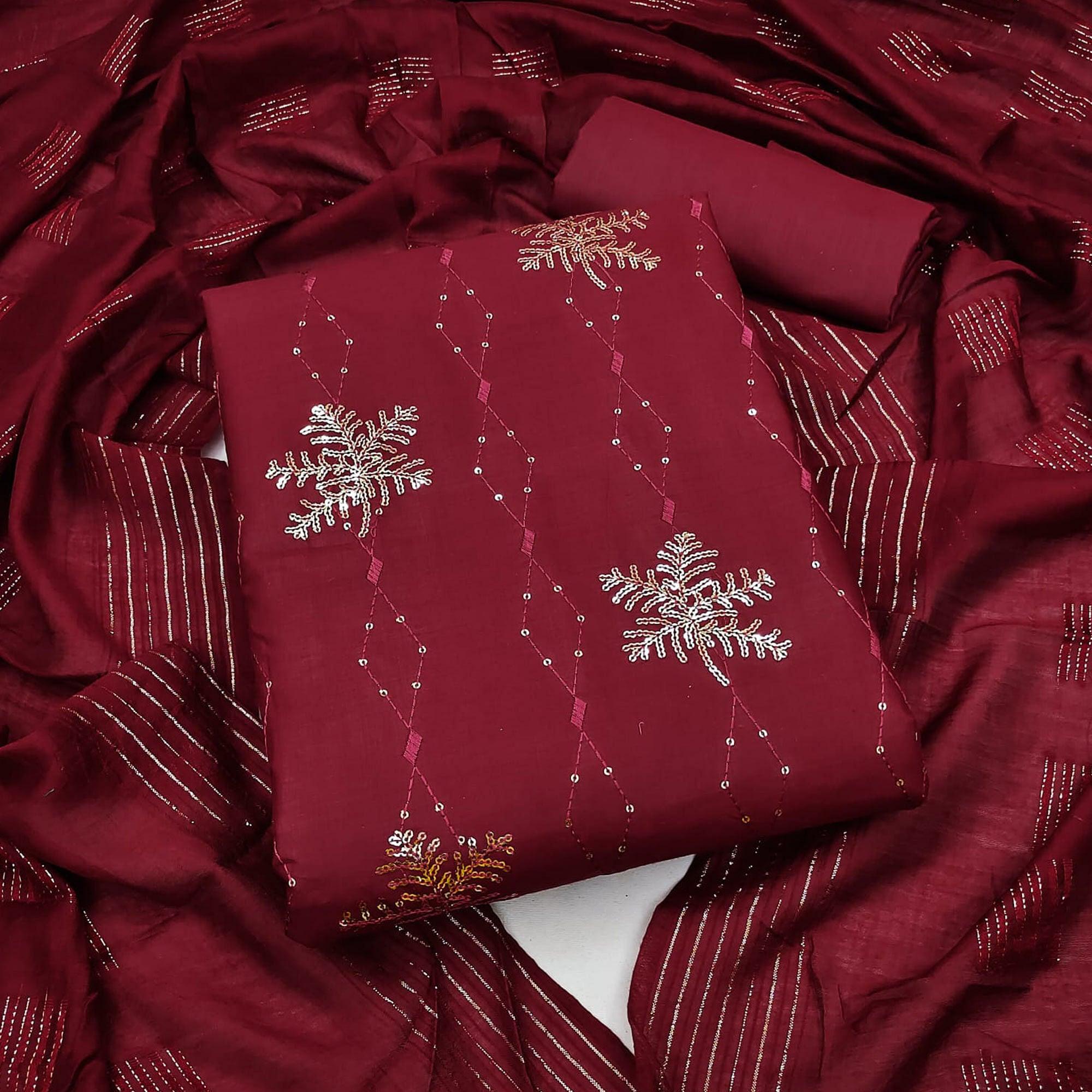 Maroon Sequence Embroidered Pure Cotton Dress Material - Peachmode