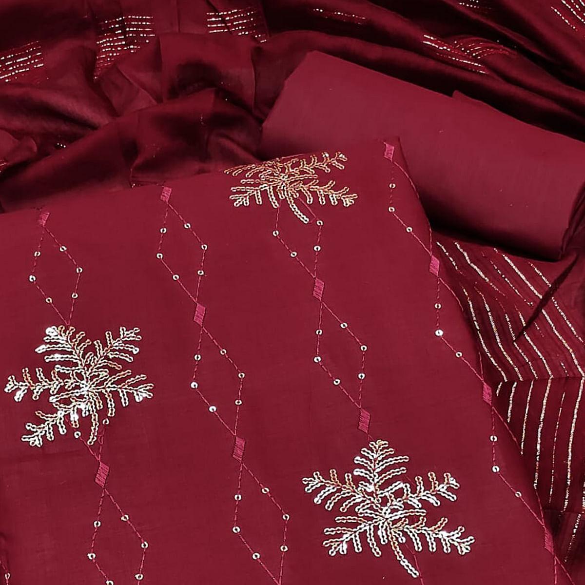 Maroon Sequence Embroidered Pure Cotton Dress Material - Peachmode