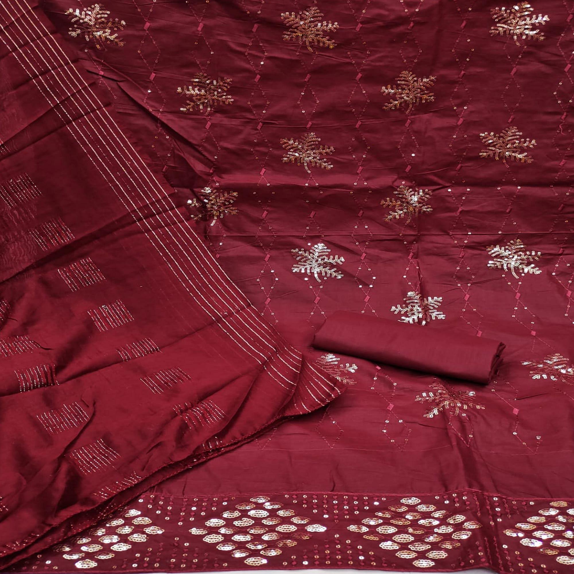 Maroon Sequence Embroidered Pure Cotton Dress Material - Peachmode