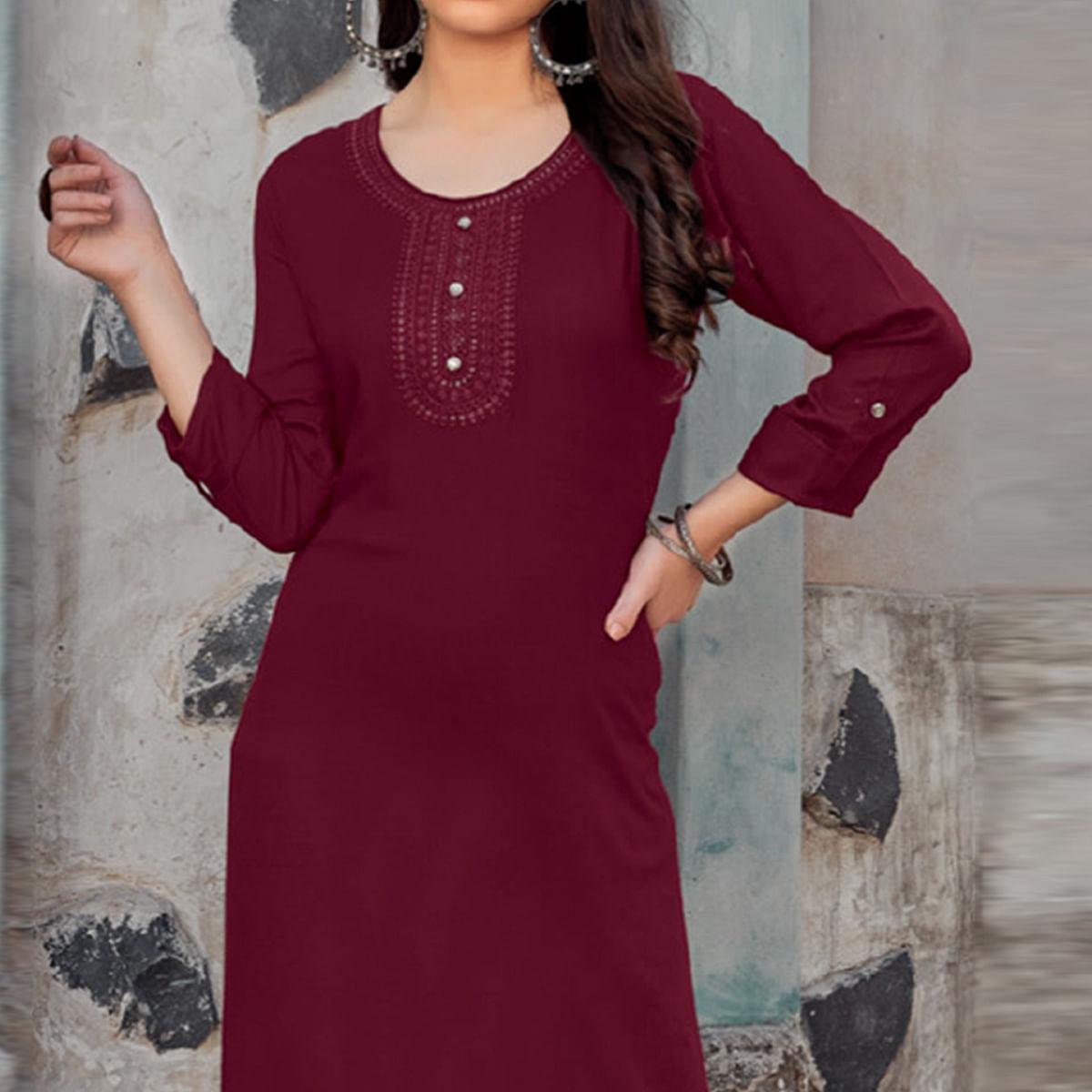 Maroon Sequence Embroidered Pure Cotton Kurti - Peachmode