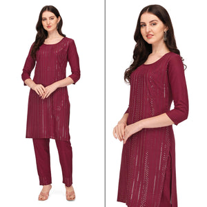 Maroon Sequence Embroidered Rayon Kurti Pant Set - Peachmode