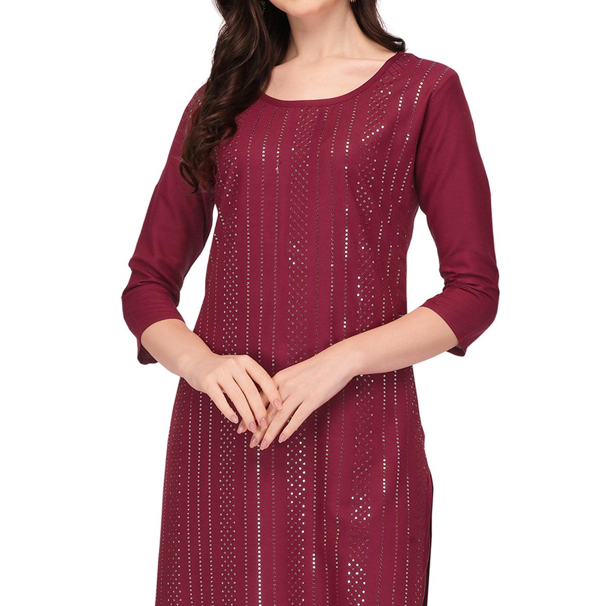 Maroon Sequence Embroidered Rayon Kurti Pant Set - Peachmode