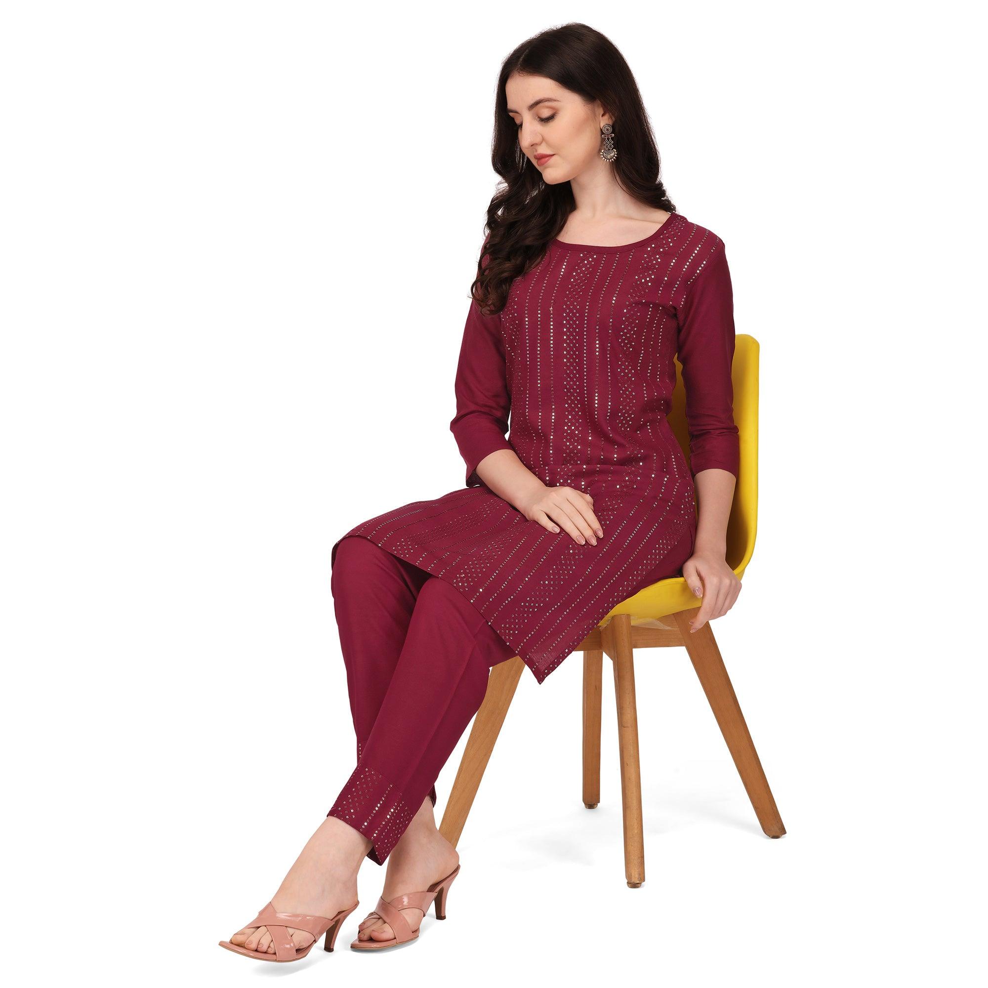 Maroon Sequence Embroidered Rayon Kurti Pant Set - Peachmode