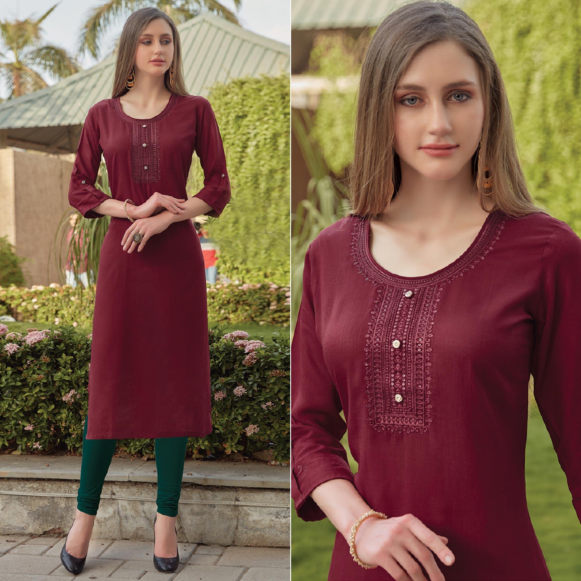 Maroon Sequence Embroidered Rayon Kurti - Peachmode