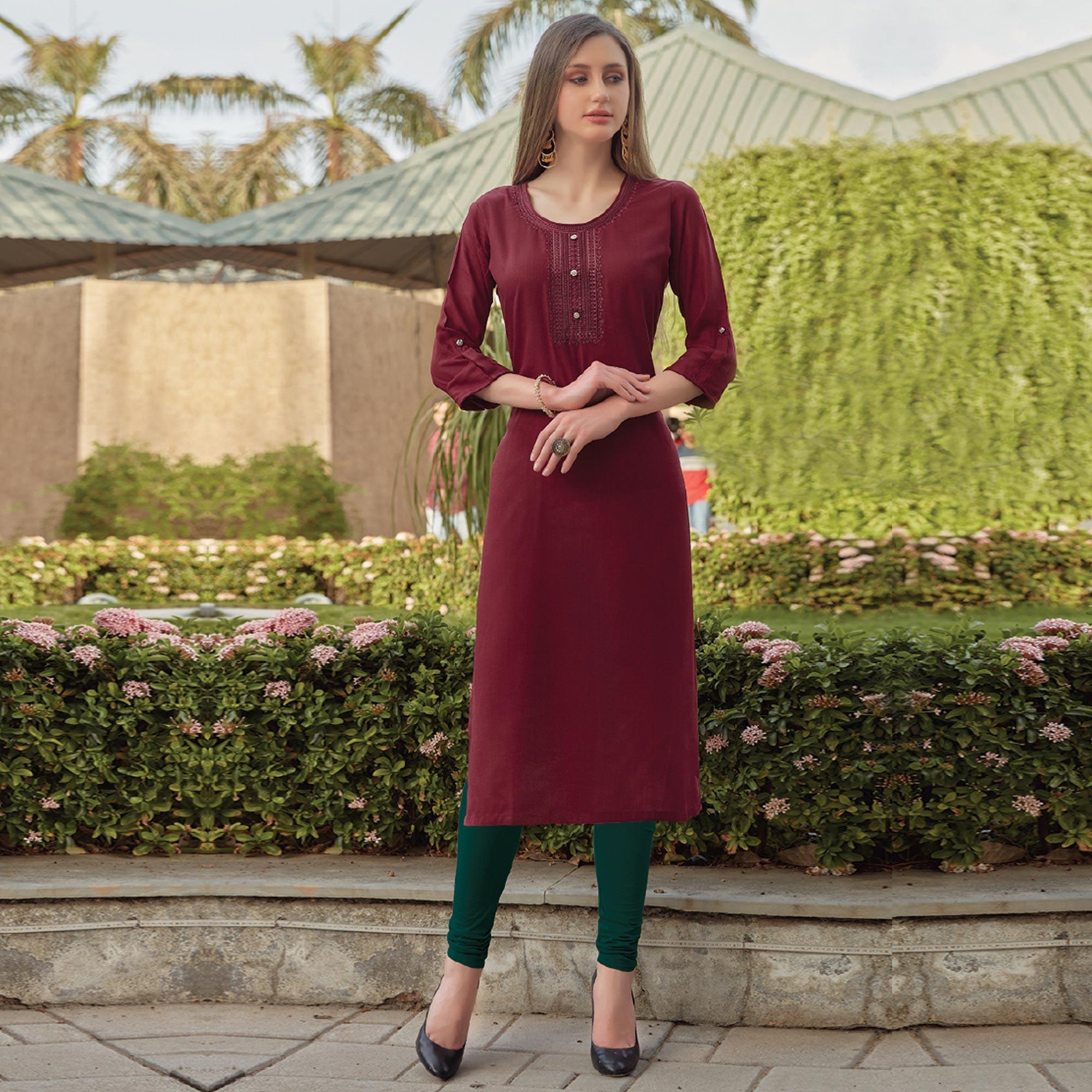 Maroon Sequence Embroidered Rayon Kurti - Peachmode