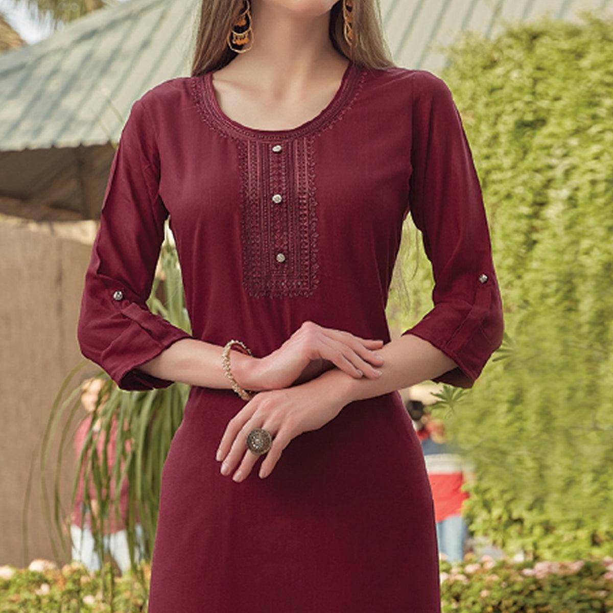 Maroon Sequence Embroidered Rayon Kurti - Peachmode