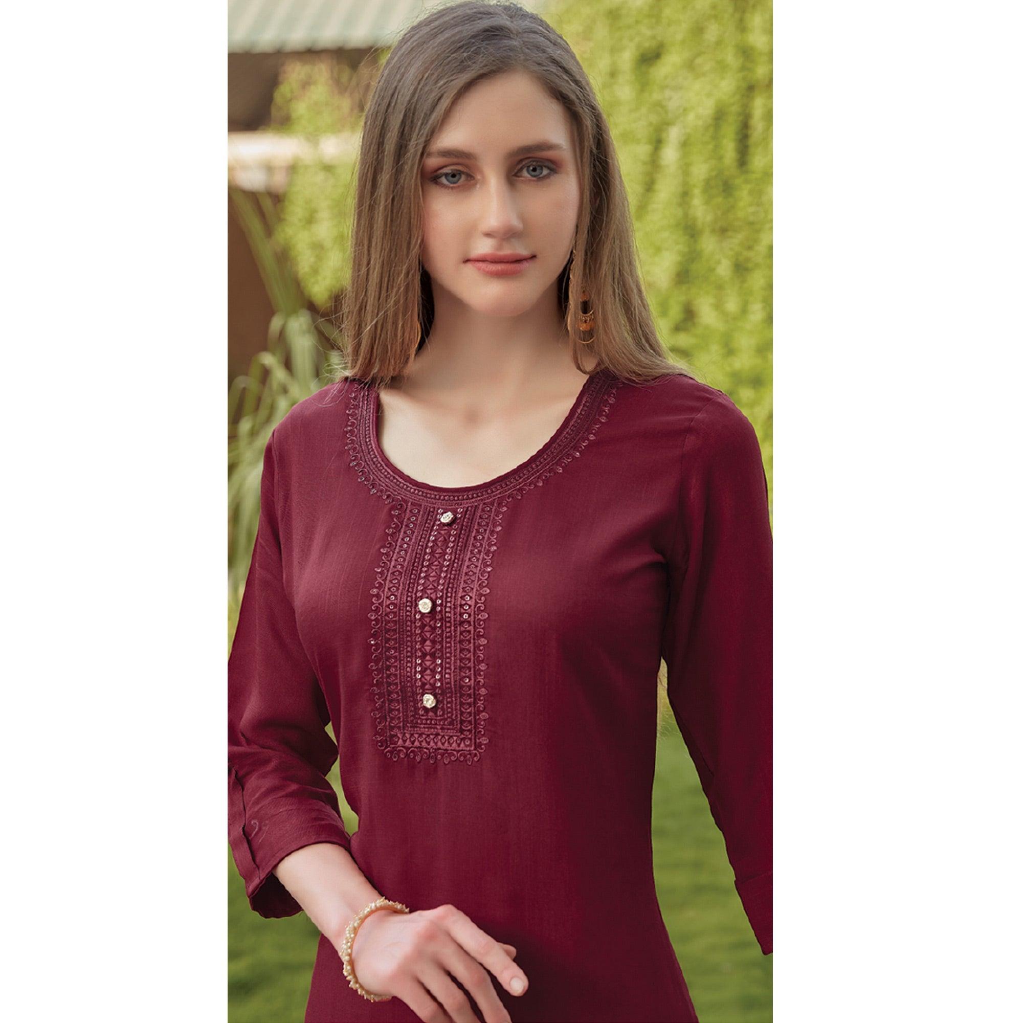 Maroon Sequence Embroidered Rayon Kurti - Peachmode