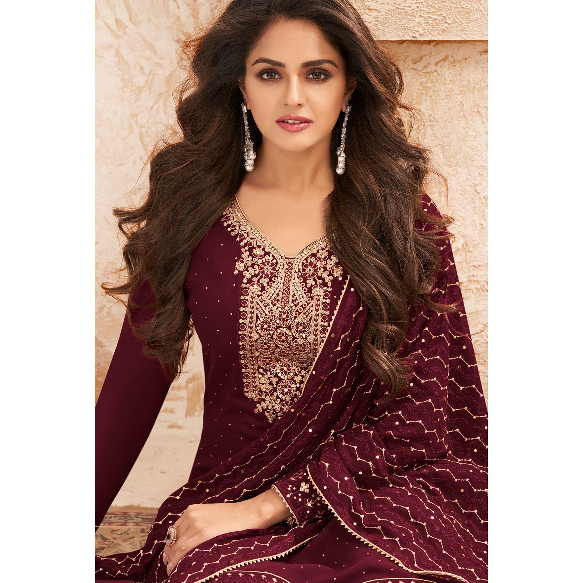Maroon Sequence Embroidered Real Georgette Partywear Suit - Peachmode