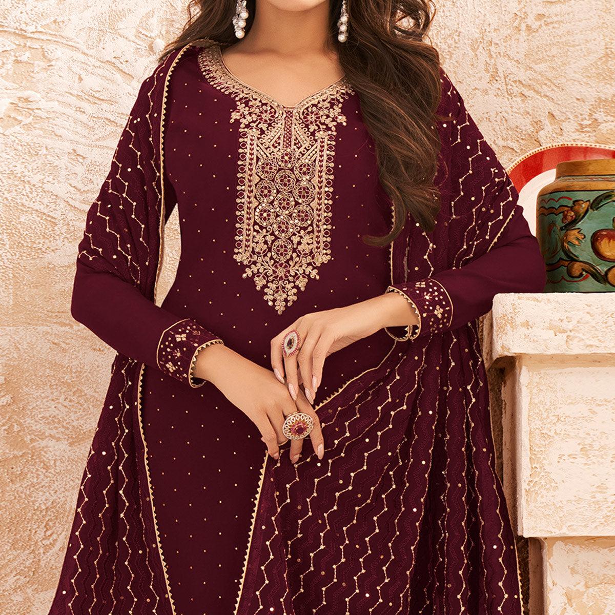 Maroon Sequence Embroidered Real Georgette Partywear Suit - Peachmode