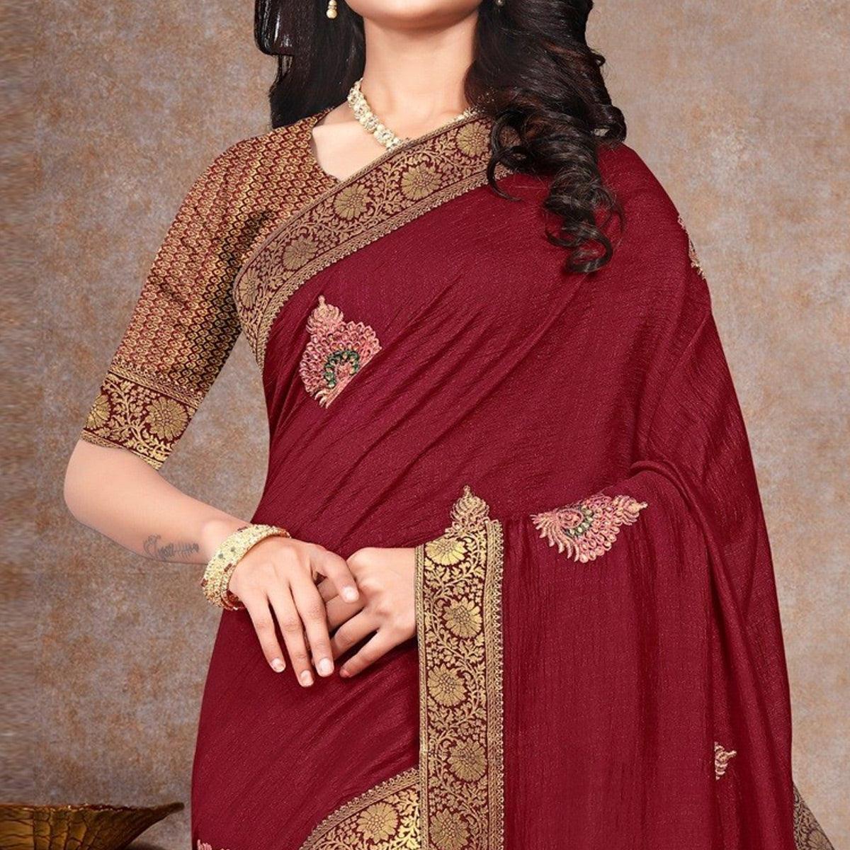 Maroon Sequence Embroidered Vichitra Silk Saree - Peachmode