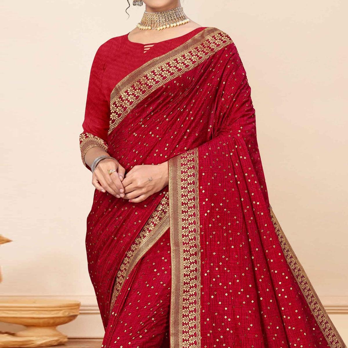 Maroon Sequence Embroidered Vichitra Silk Saree - Peachmode