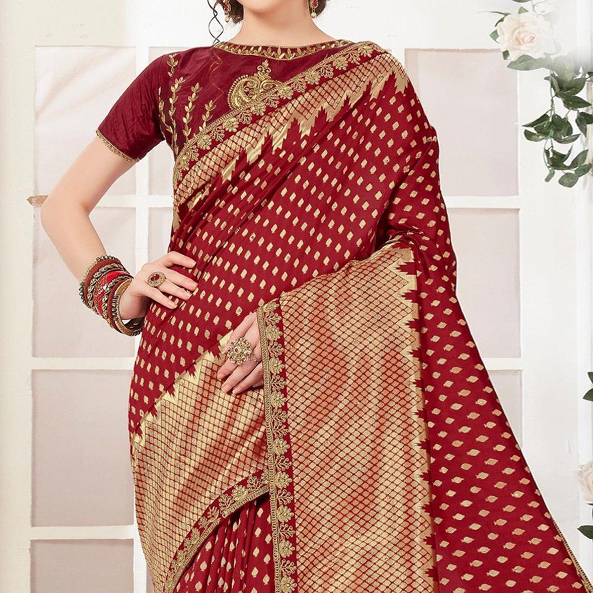 Maroon Sequence With Woven Banarasi Silk Saree - Peachmode