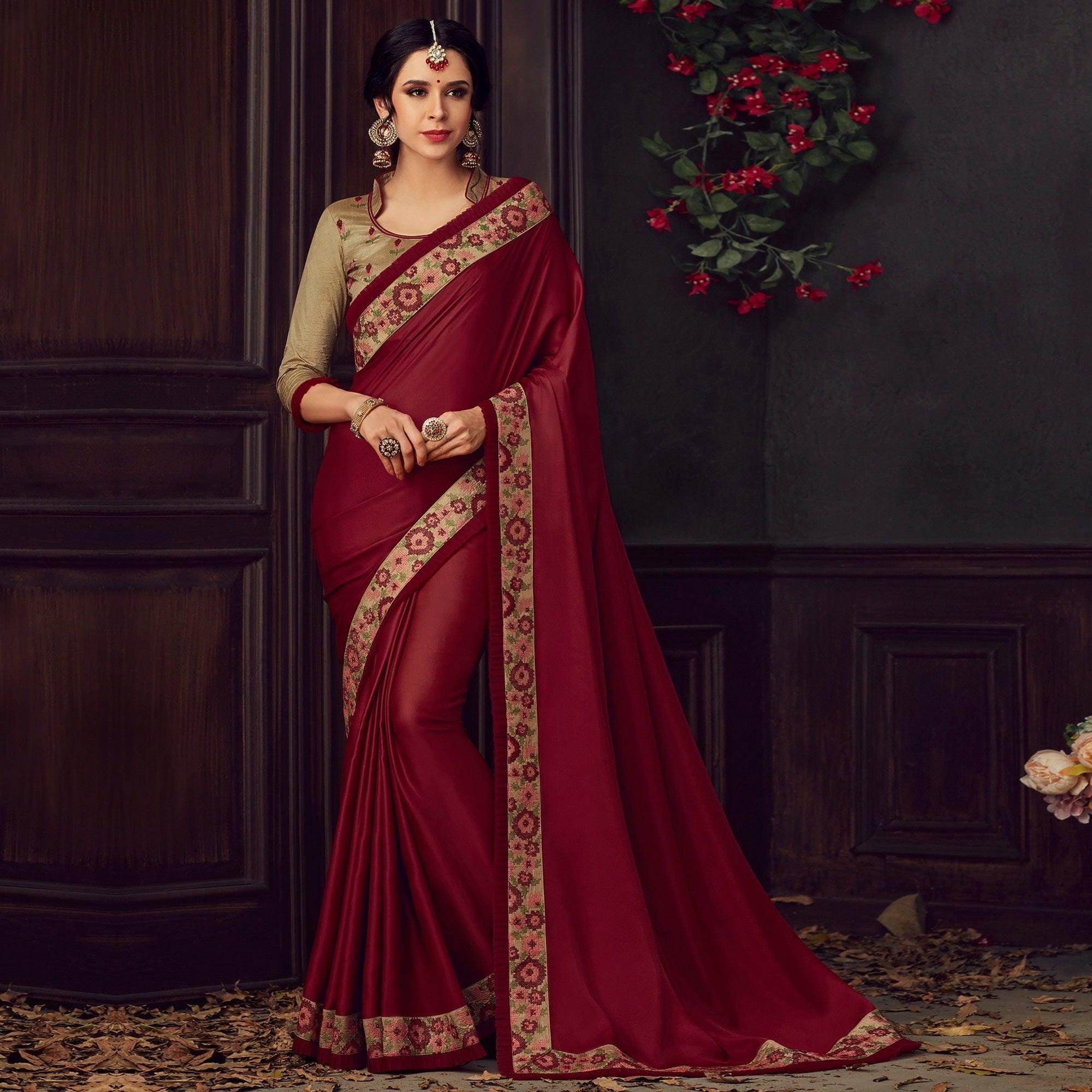 Maroon Solid Art Silk Saree - Peachmode