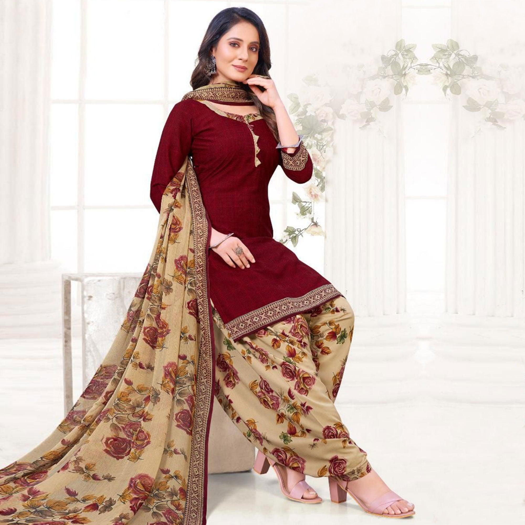 Maroon Solid Crepe Patiala Dress Material - Peachmode