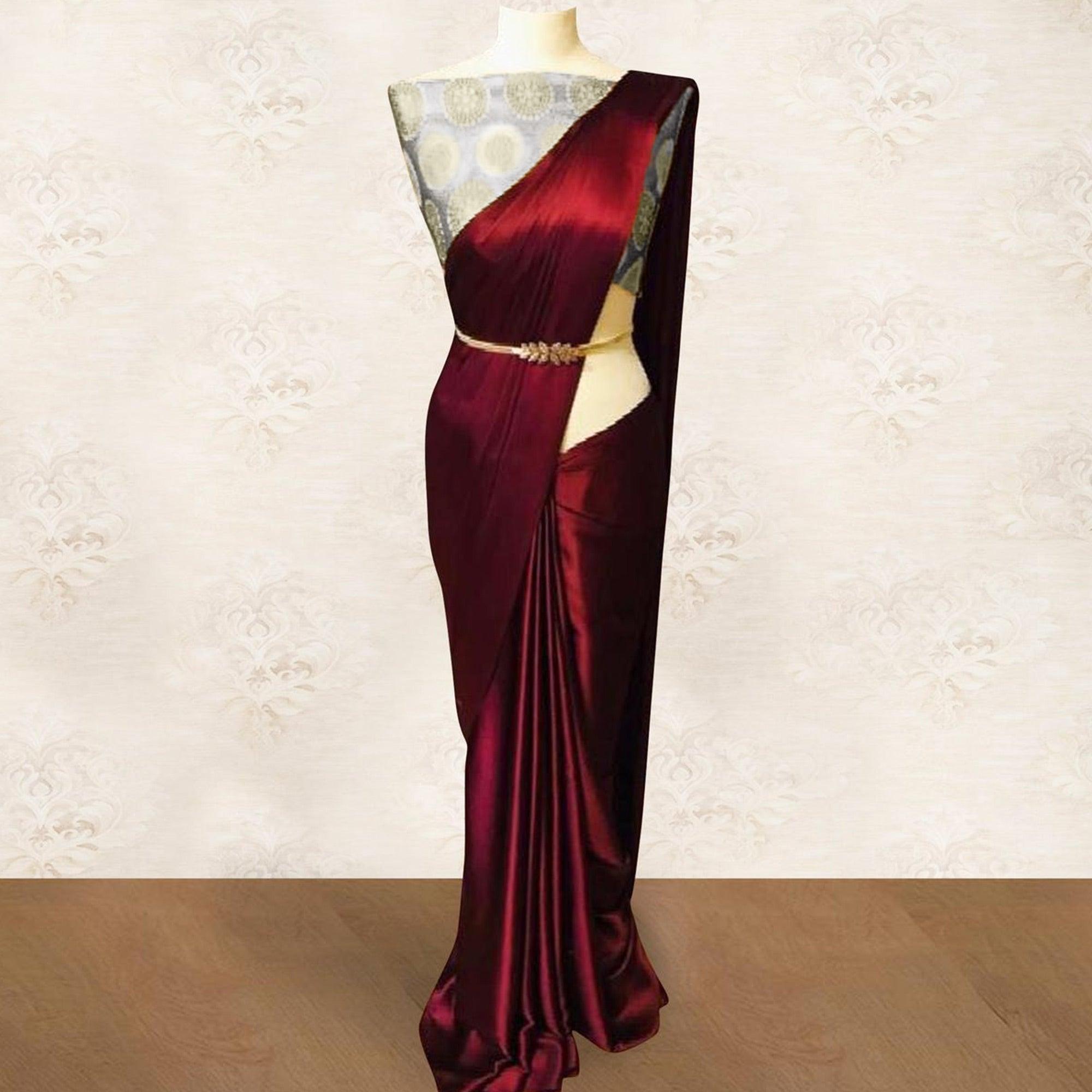 Maroon Solid Satin Saree - Peachmode