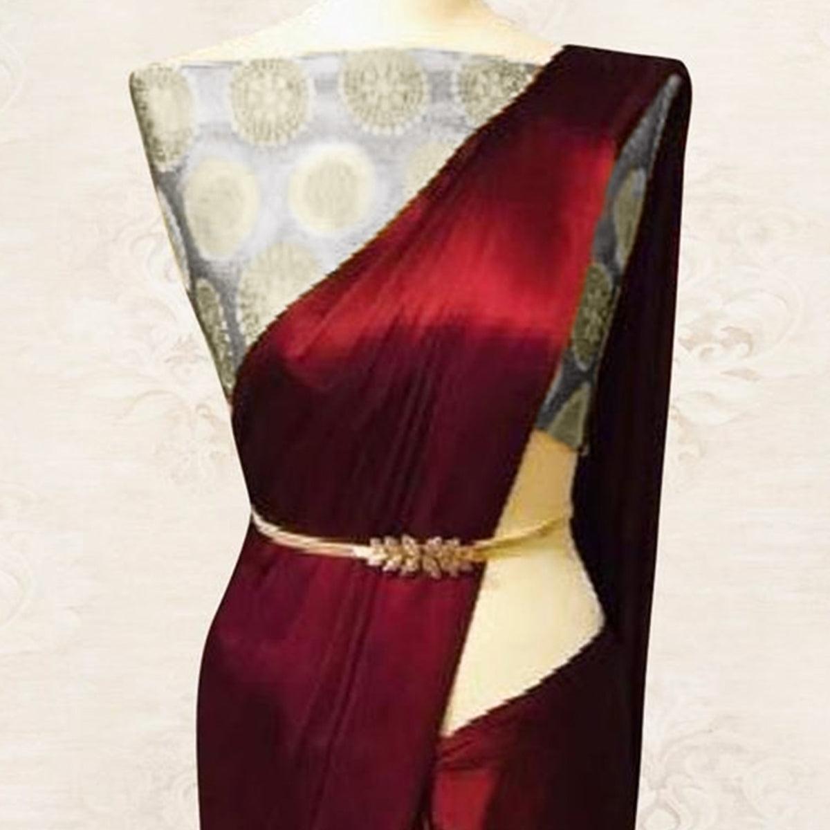 Maroon Solid Satin Saree - Peachmode