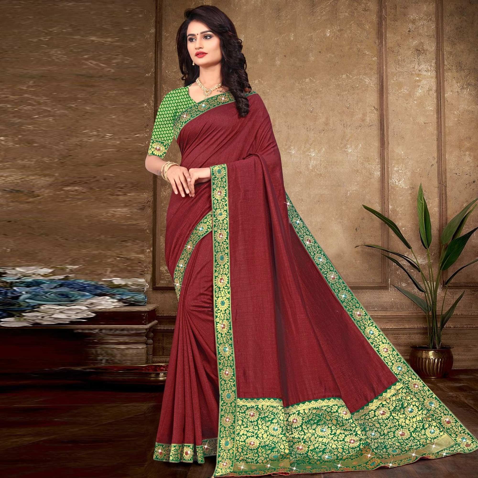 Maroon Solid Vichitra Silk Saree - Peachmode