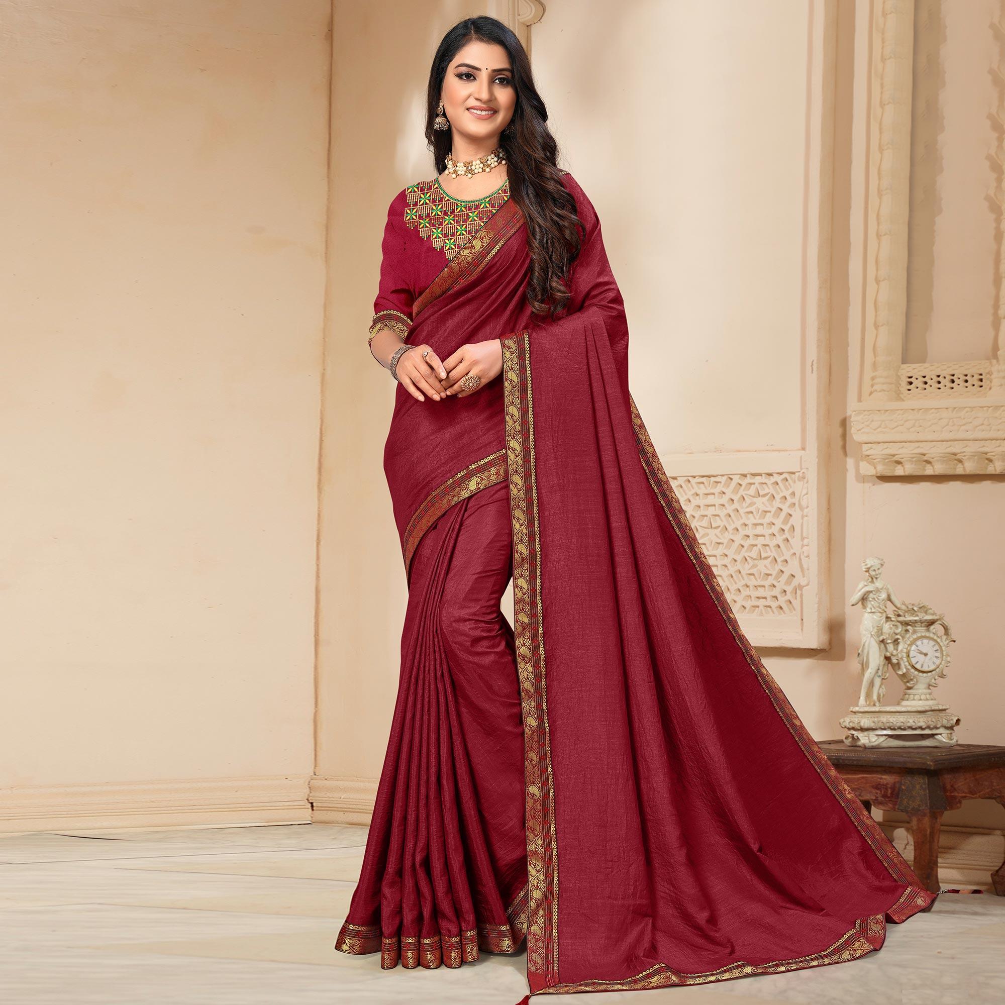 Maroon Solid Vichitra Silk Saree - Peachmode